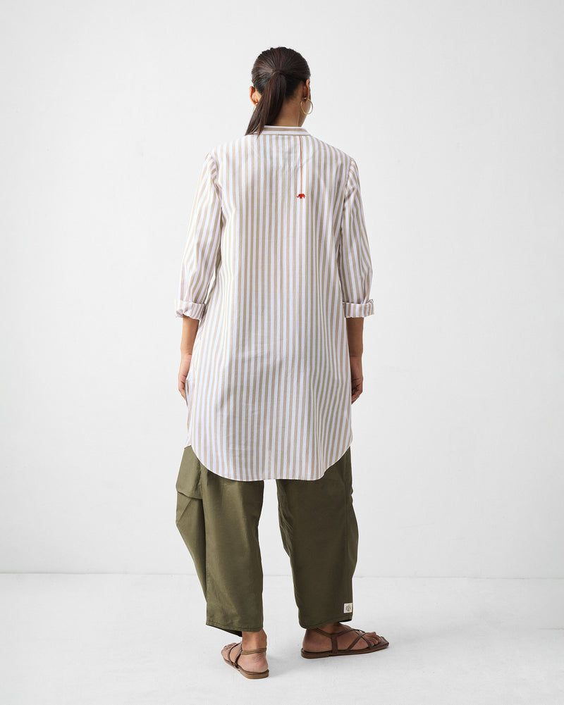 Mid Length Kurta - Khaki & White Stripes