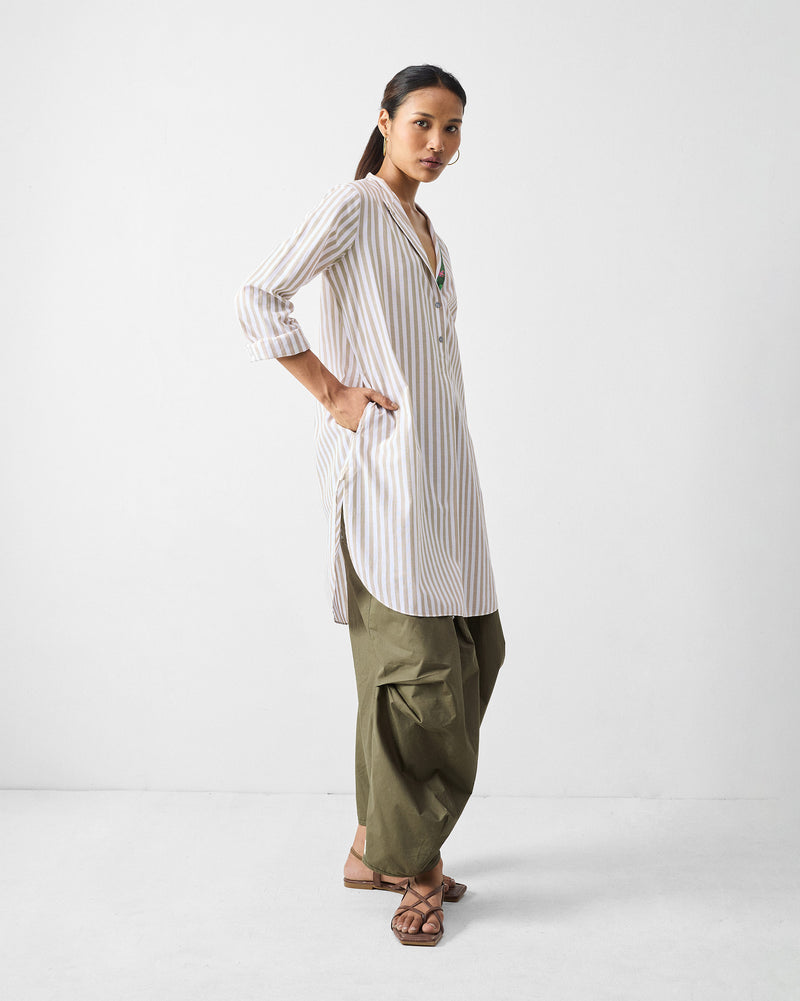 Mid Length Kurta - Khaki & White Stripes