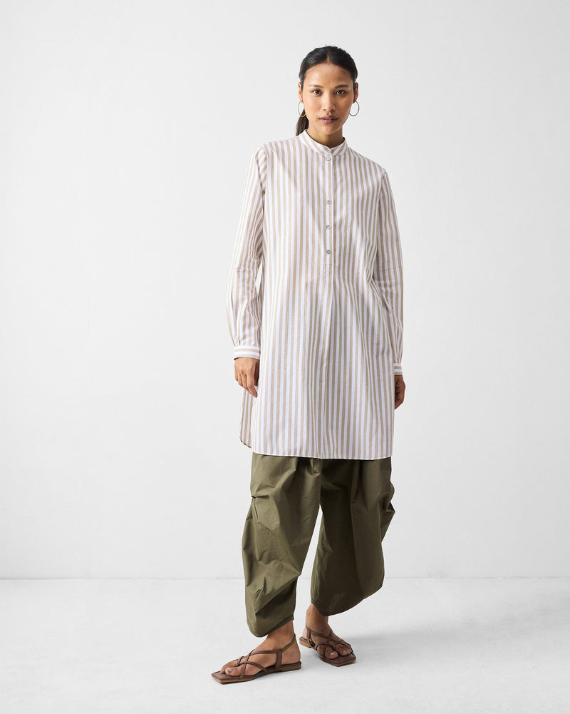 Mid Length Kurta - Khaki & White Stripes