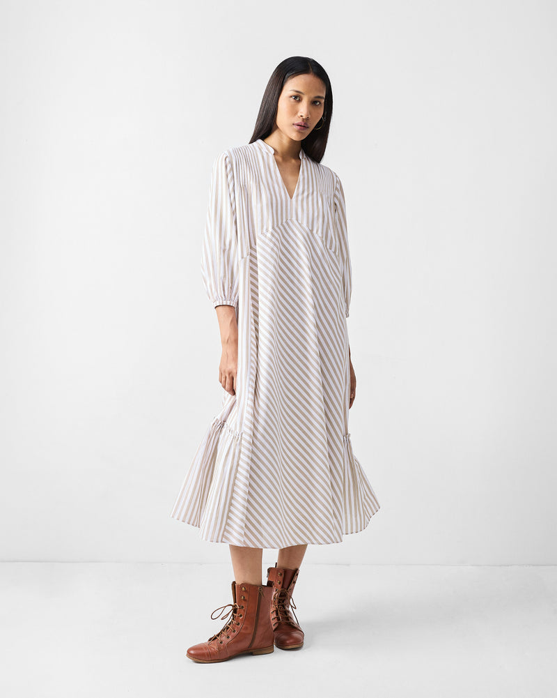 Summer Tea Dress - Khaki & White Stripes