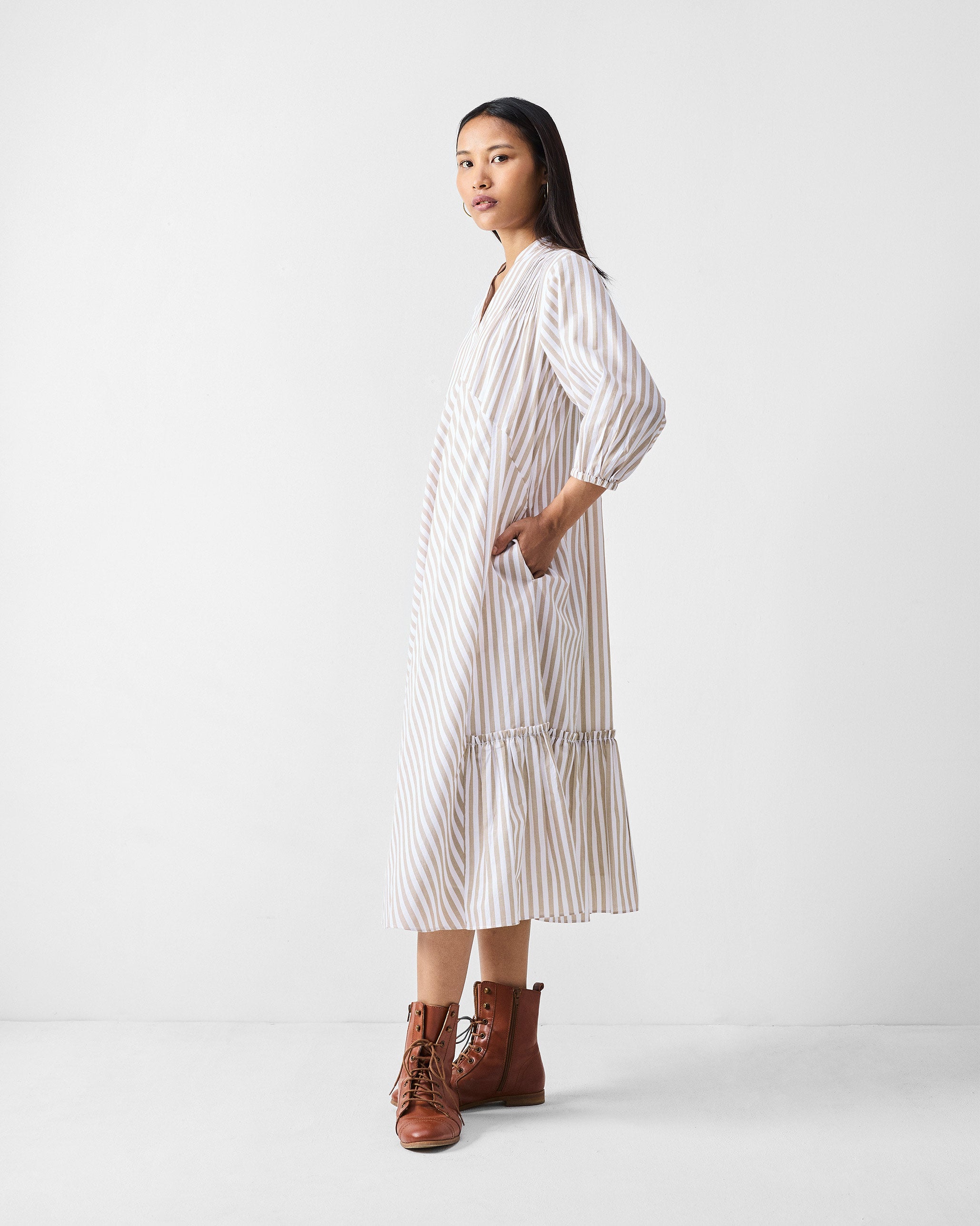 Summer Tea Dress - Khaki & White Stripes