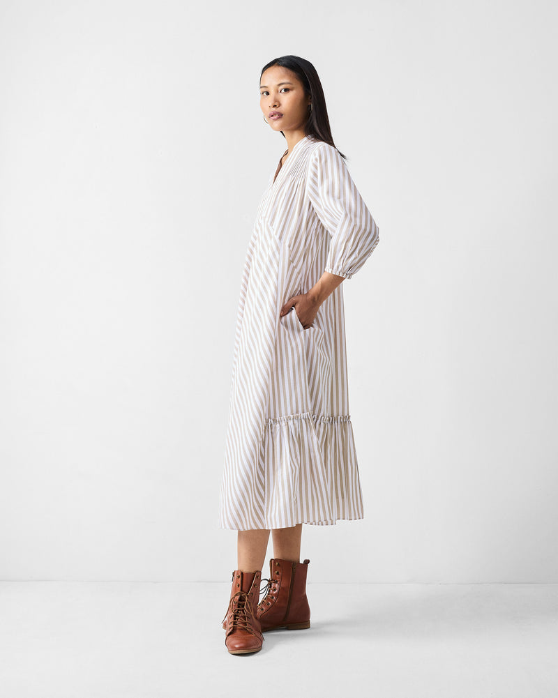 Summer Tea Dress - Khaki & White Stripes