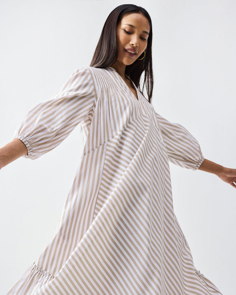 Summer Tea Dress - Khaki & White Stripes