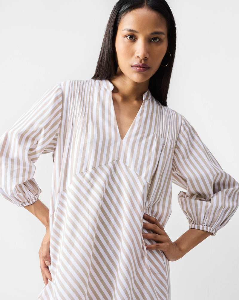 Summer Tea Dress - Khaki & White Stripes