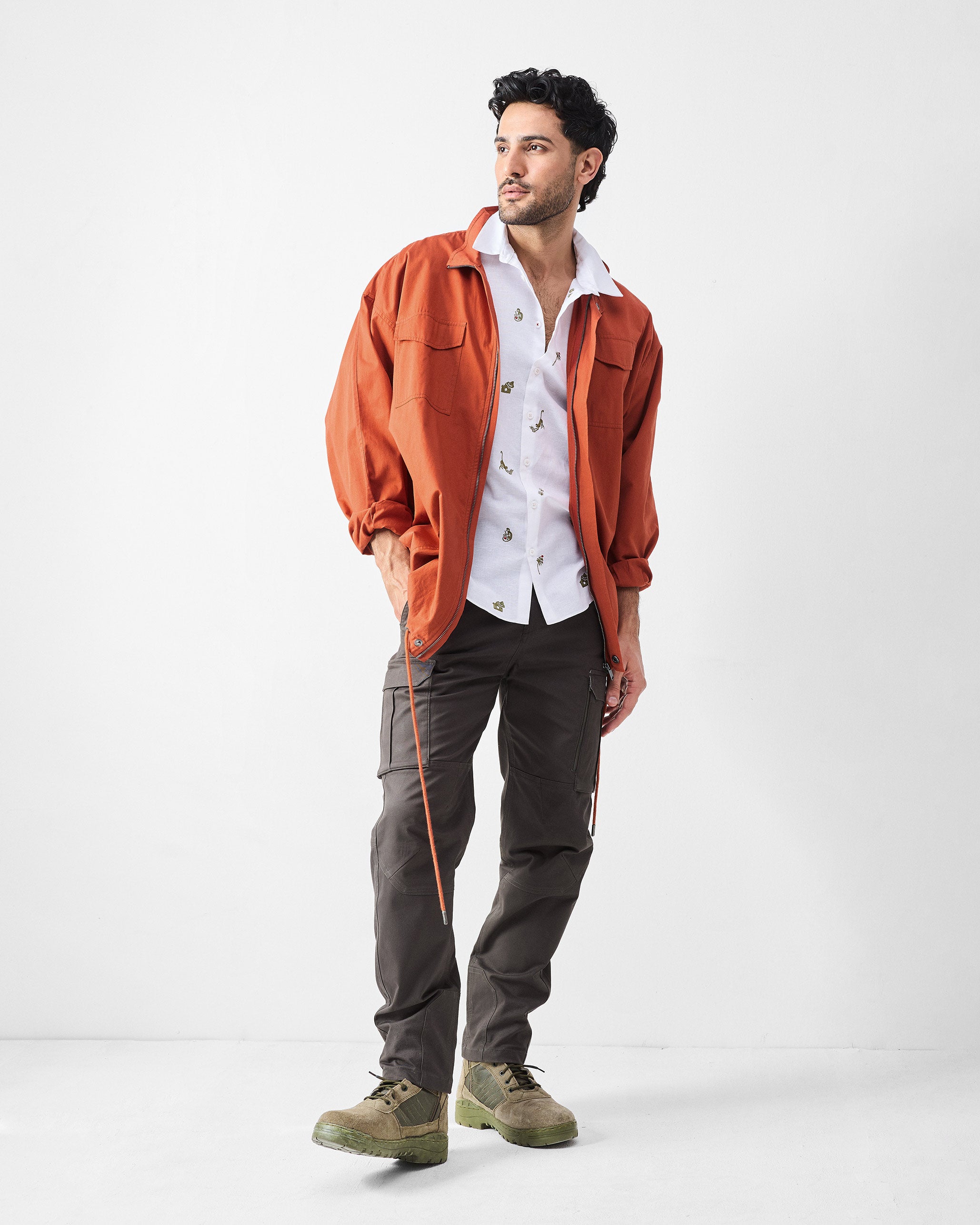 Half Sleeves Shirt - White & Olive Embroidered