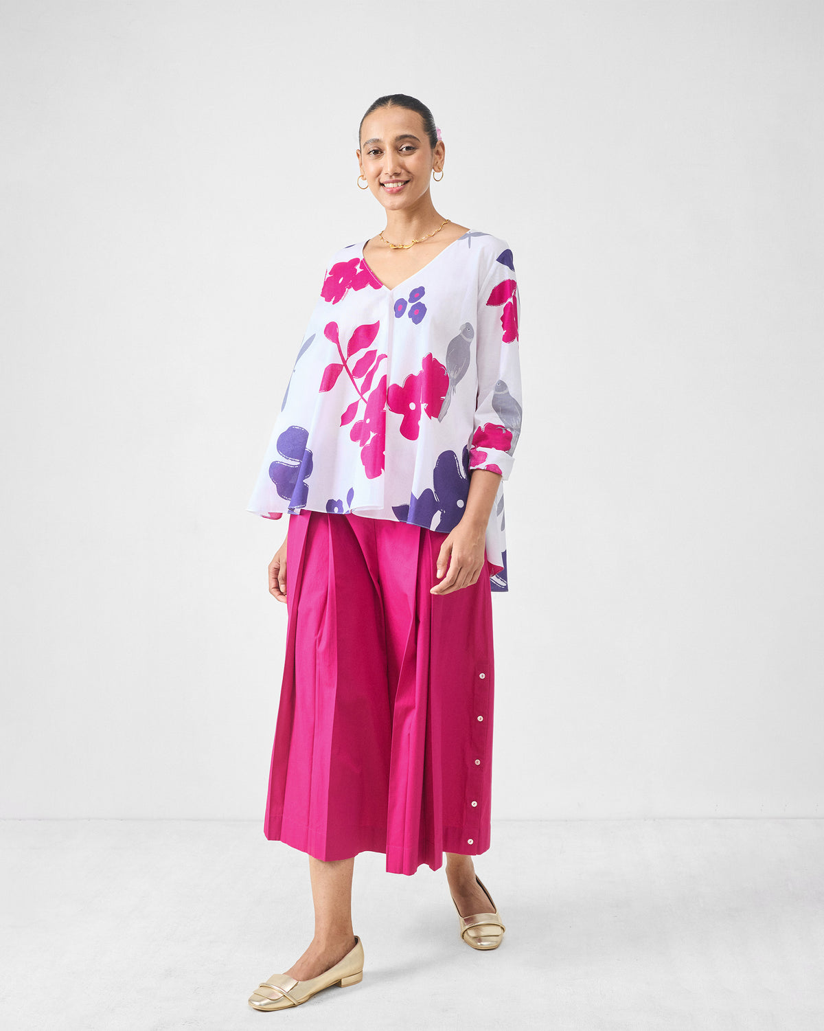 Calicut Top - White & Purple Printed