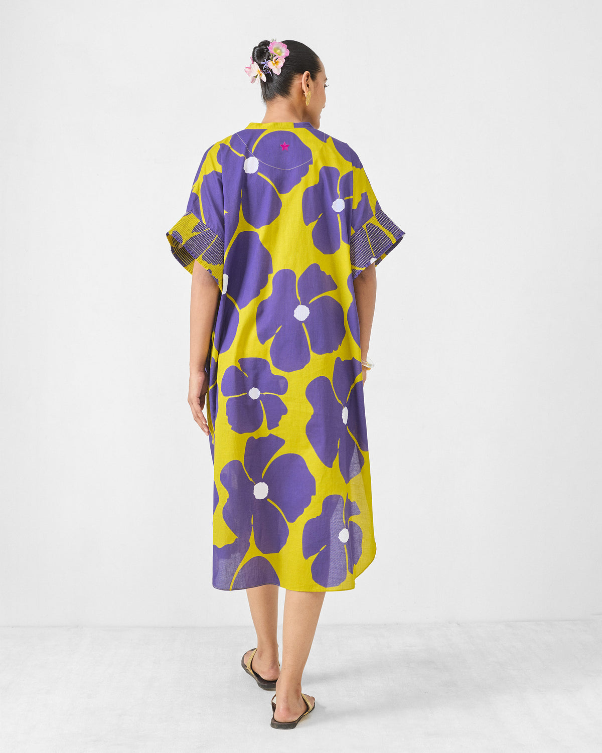 Elara Smocked Sleeve Kaftan - Purple & Chartreuse Printed
