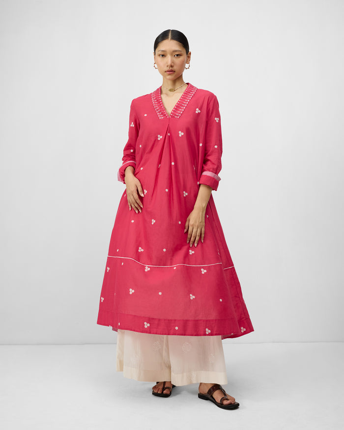 Banko V-Neck Kurta - Watermelon & Ivory Embroidered