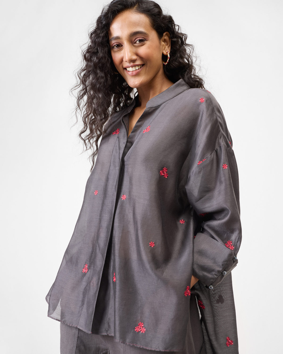 Cirrus Shirt - Charcoal & Watermelon Embroidered
