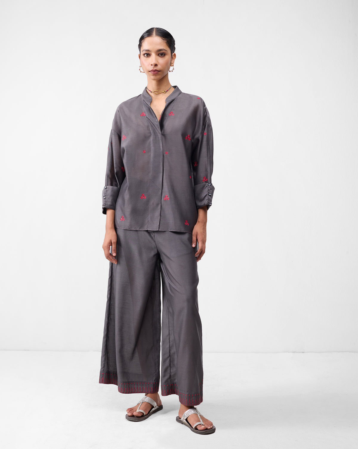 Basic Pyjamas - Charcoal & Watermelon Embroidered