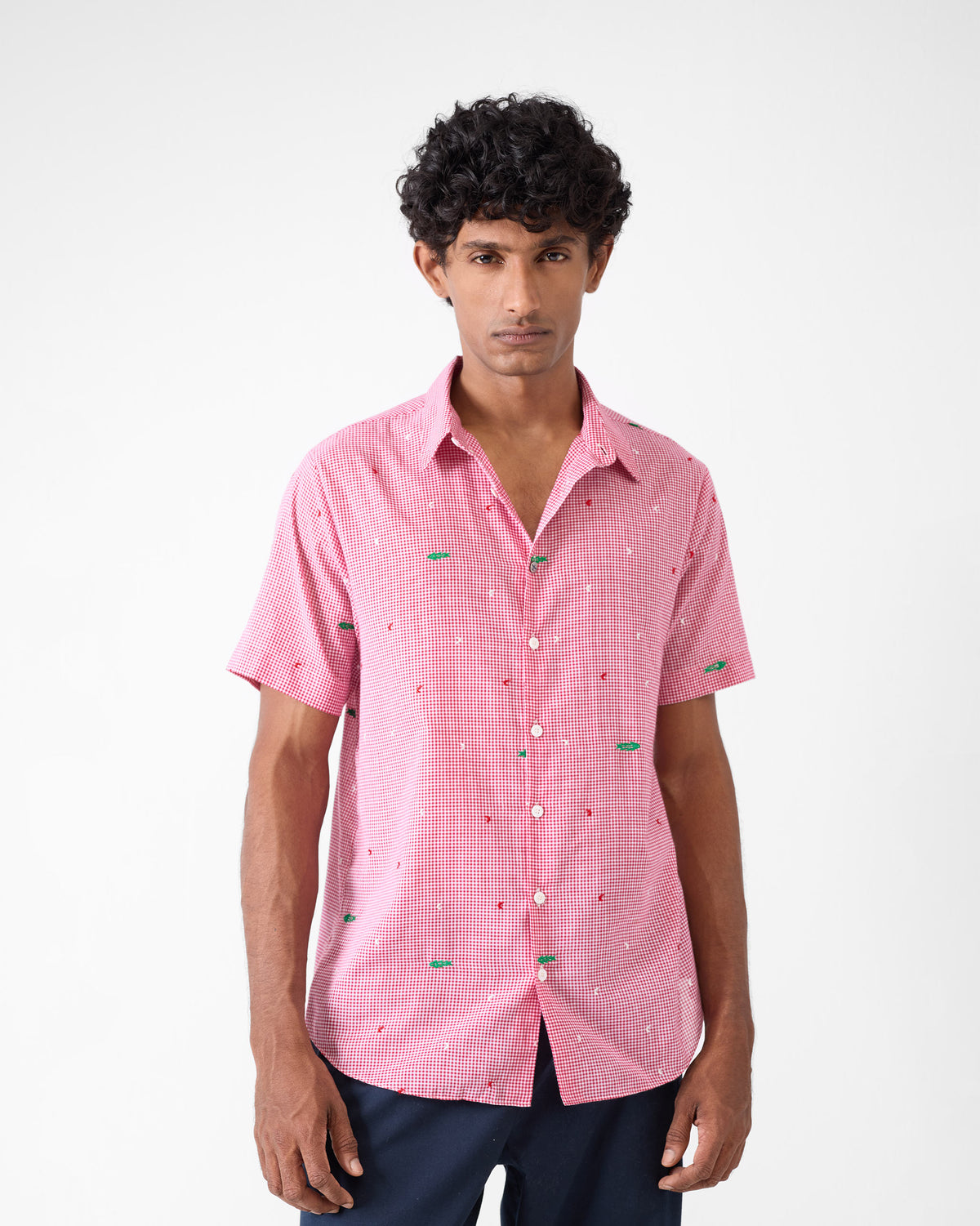 Half Sleeve Shirt - White & Watermelon Checks