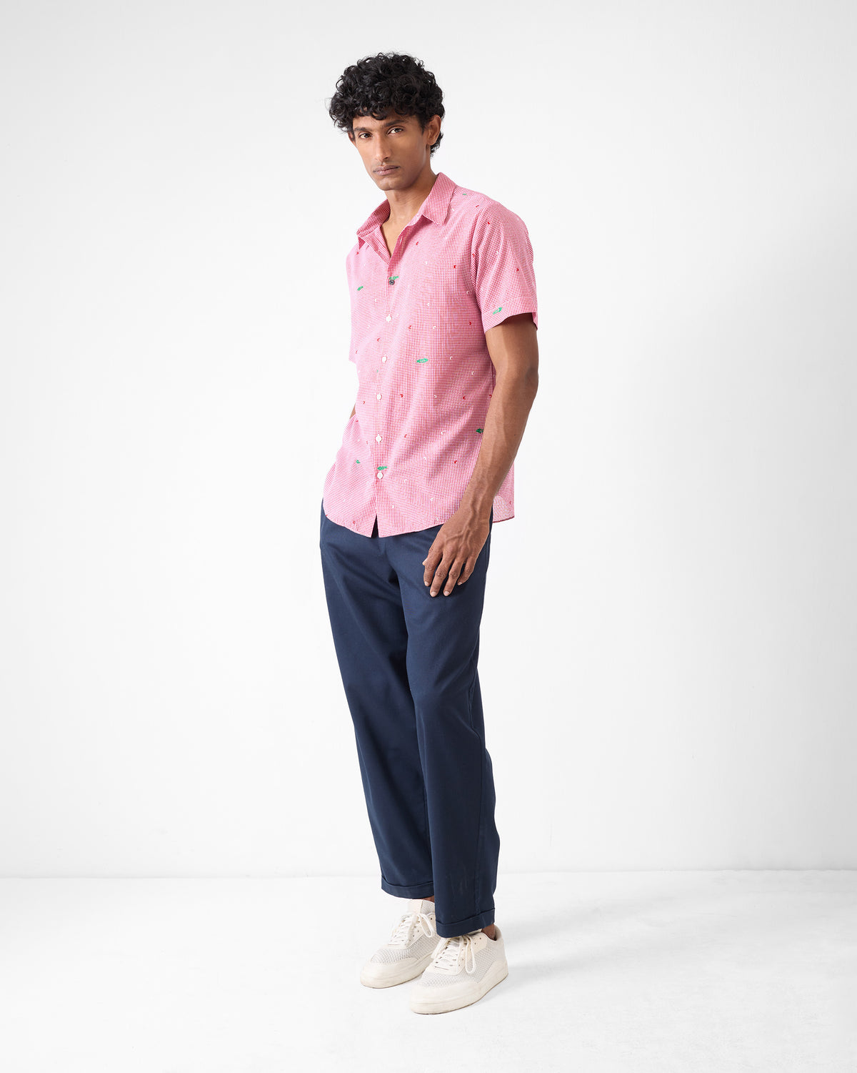 Half Sleeve Shirt - White & Watermelon Checks