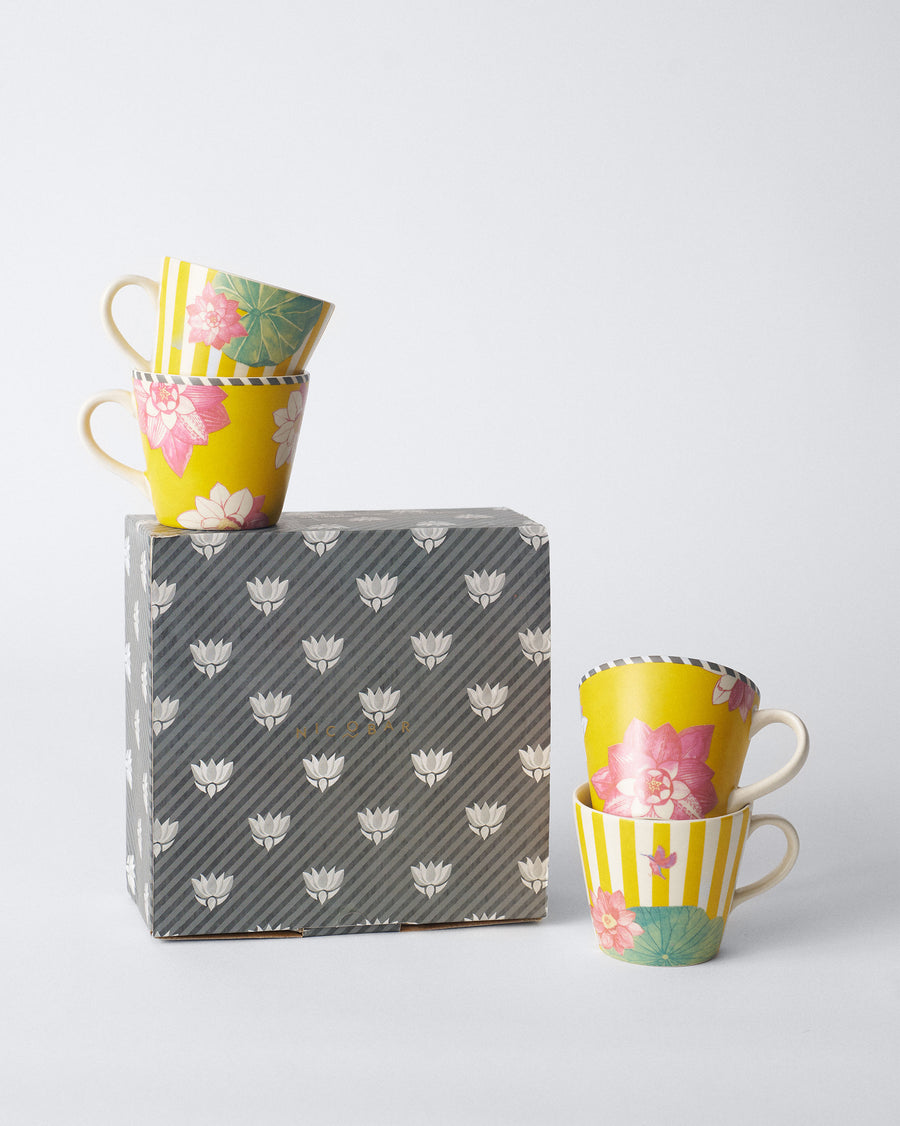Lotus Garden mugs on and beside a grey patterned gift box