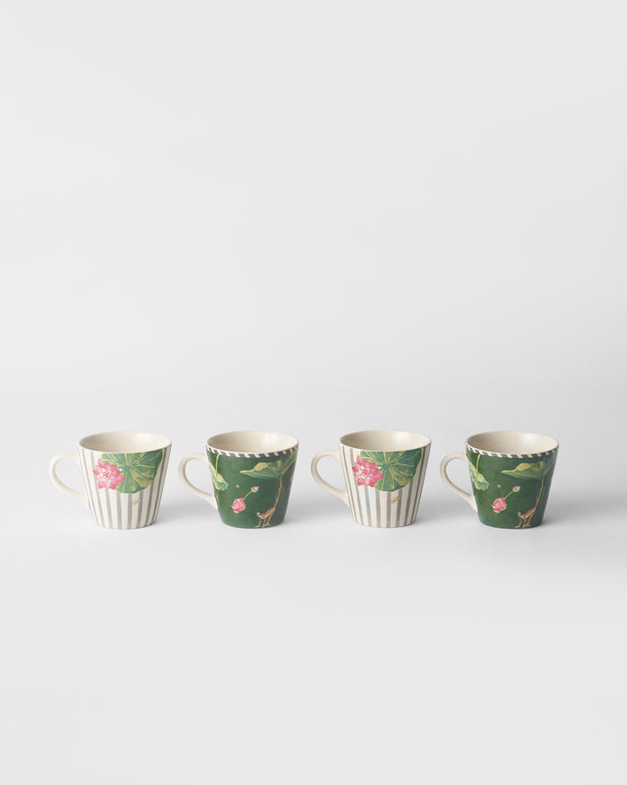 Four mugs in a row, green and striped in turn