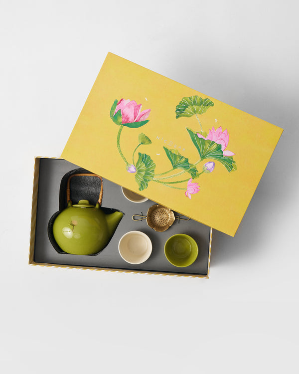 The yellow lid with pink lotuses tipped over the packed set