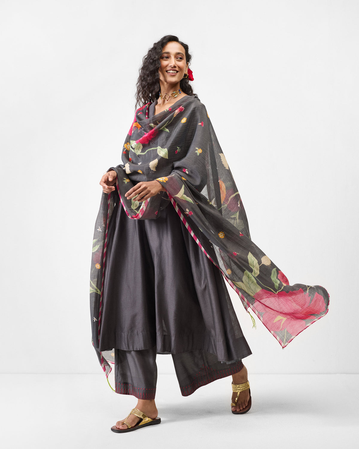 Kaveri Dupatta - Charcoal & Watermelon Print