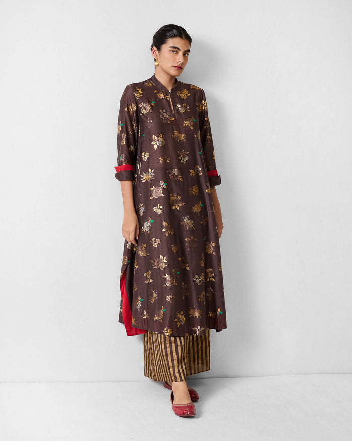 Kovai Kurta - Chocolate Brown & Gold Printed