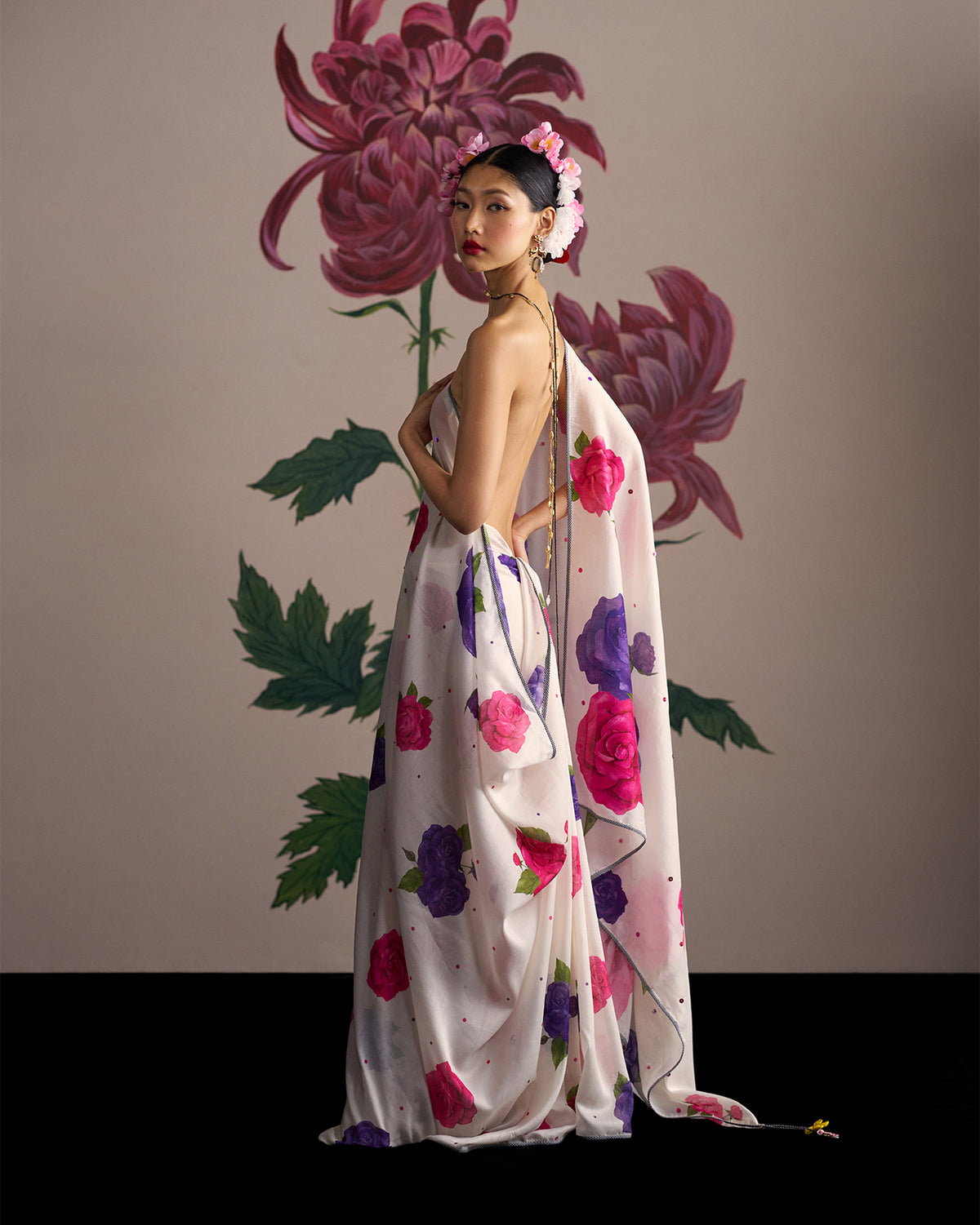 Gul Sari - Ivory & Fuchsia Printed