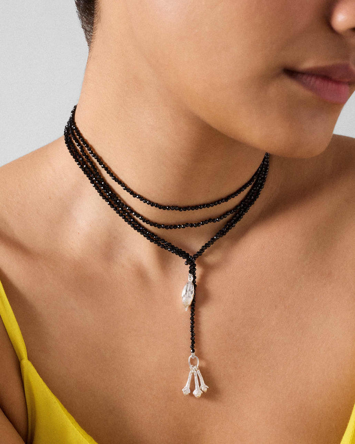 Long Black Necklace - Silver & Black