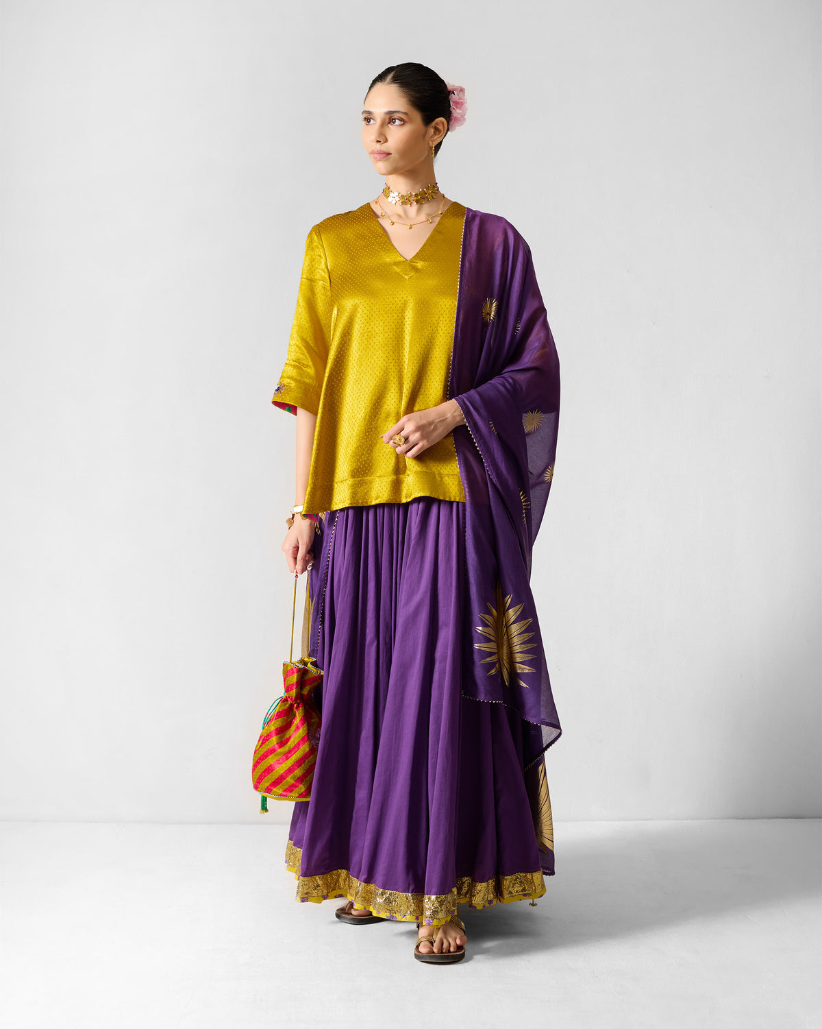 Sia Dupatta - Purple & Gold Printed