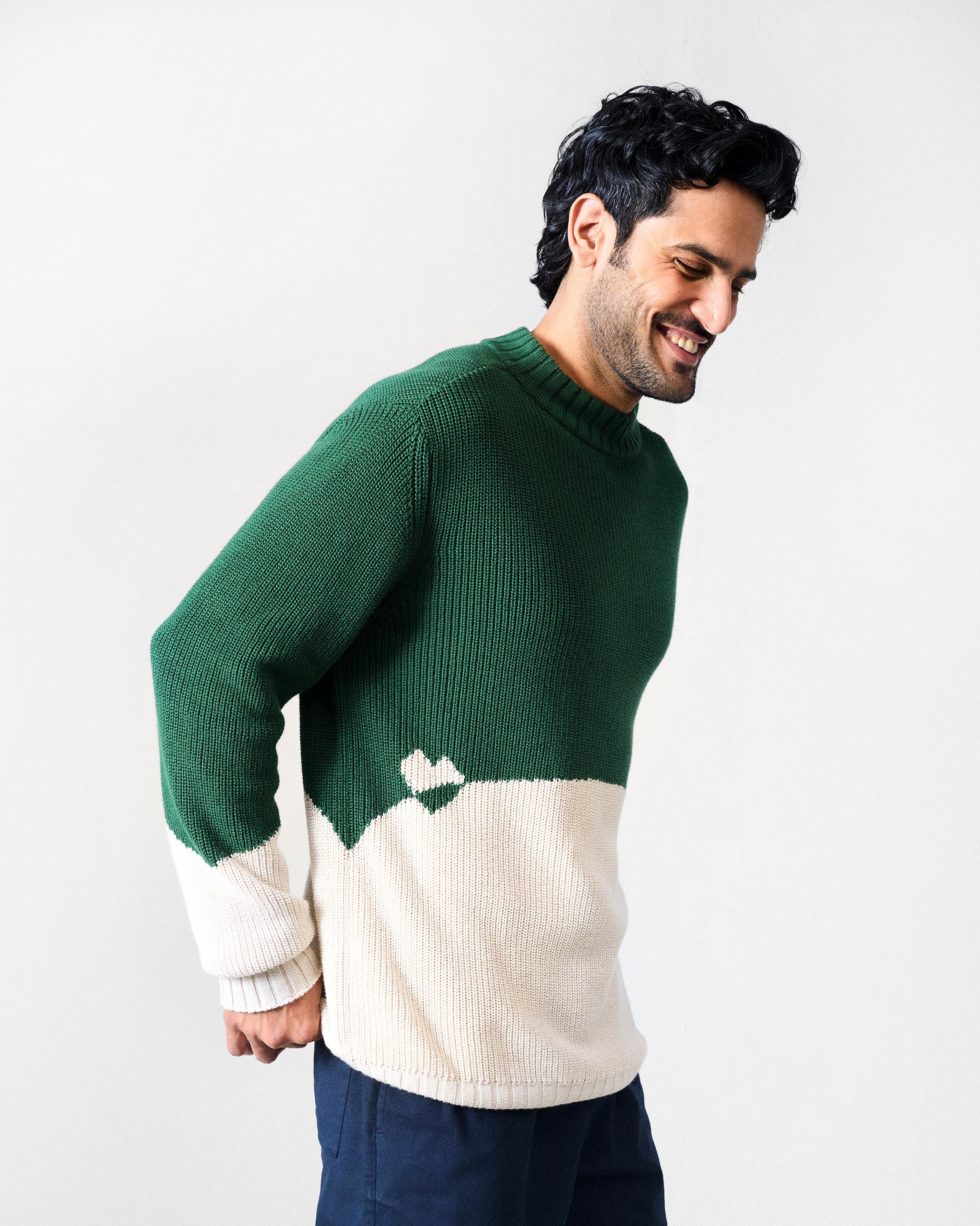 Crew Neck Sweater - Green & Ivory