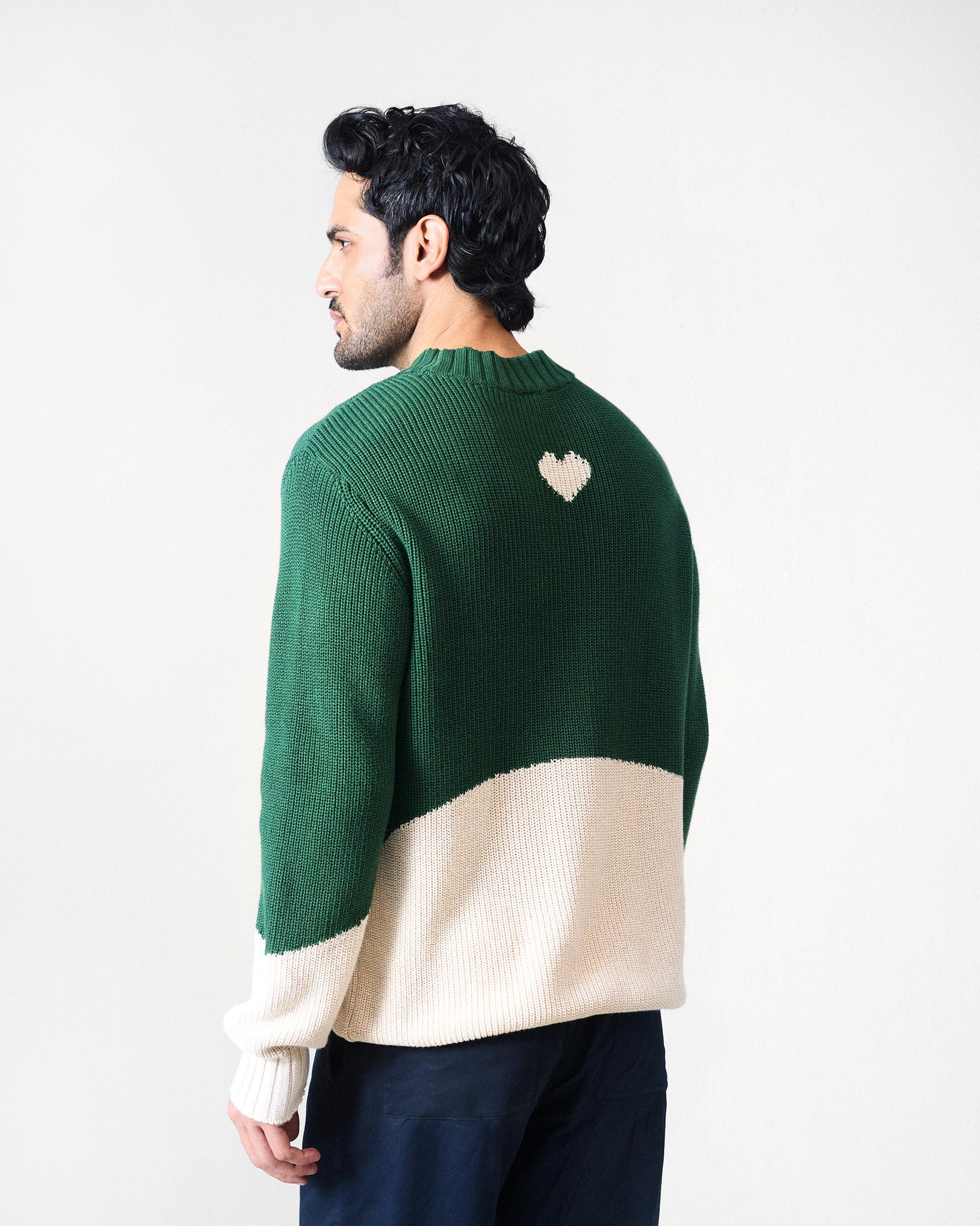 Crew Neck Sweater - Green & Ivory