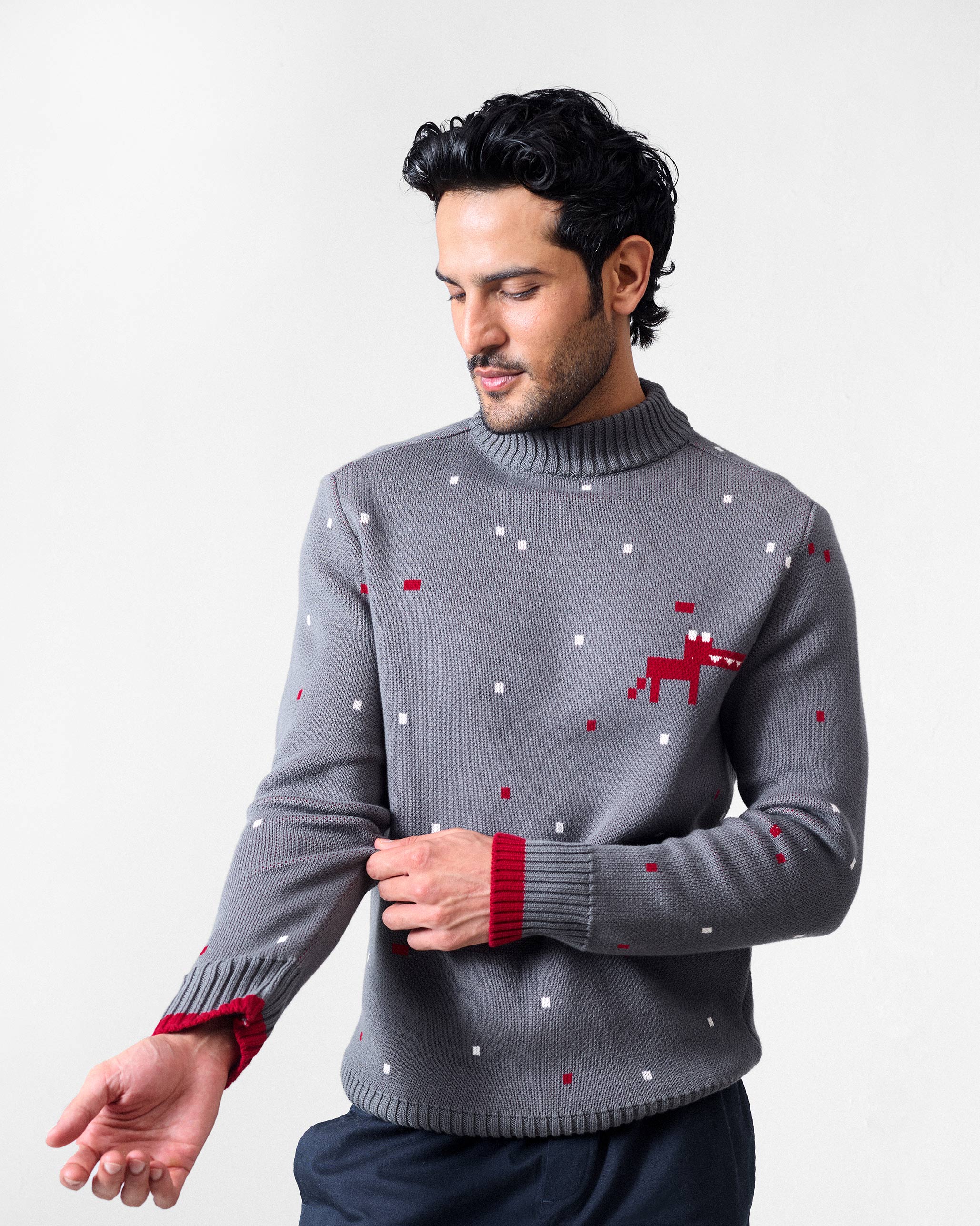 Crew Neck Sweater - Charcoal & Red