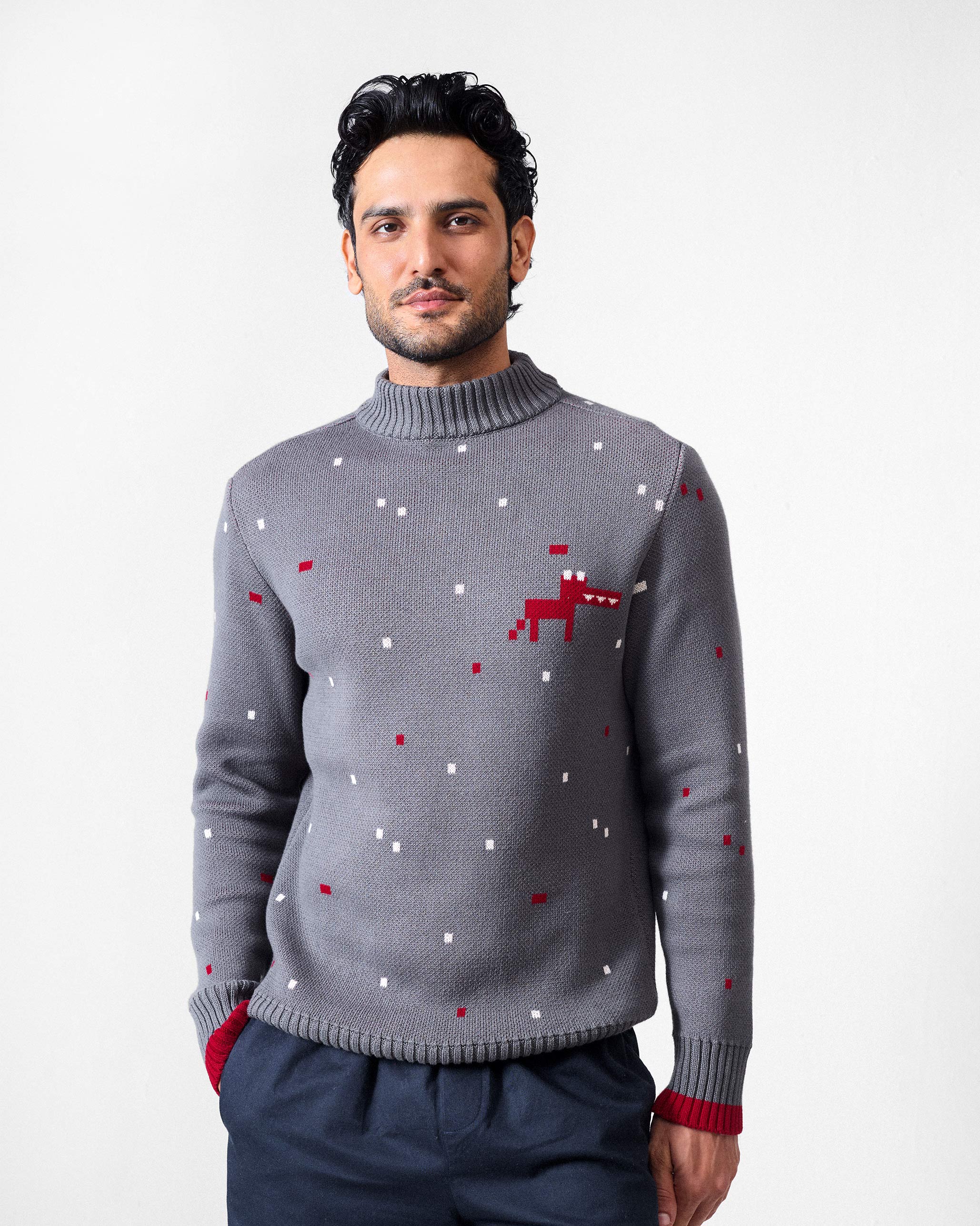 Crew Neck Sweater - Charcoal & Red