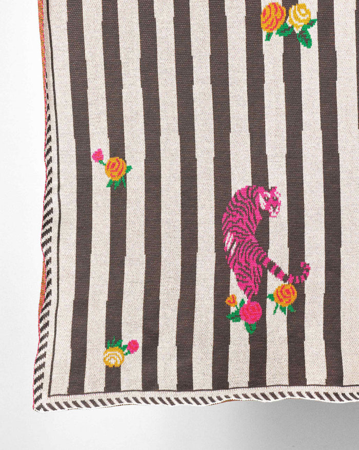 The tiger and roses seen close