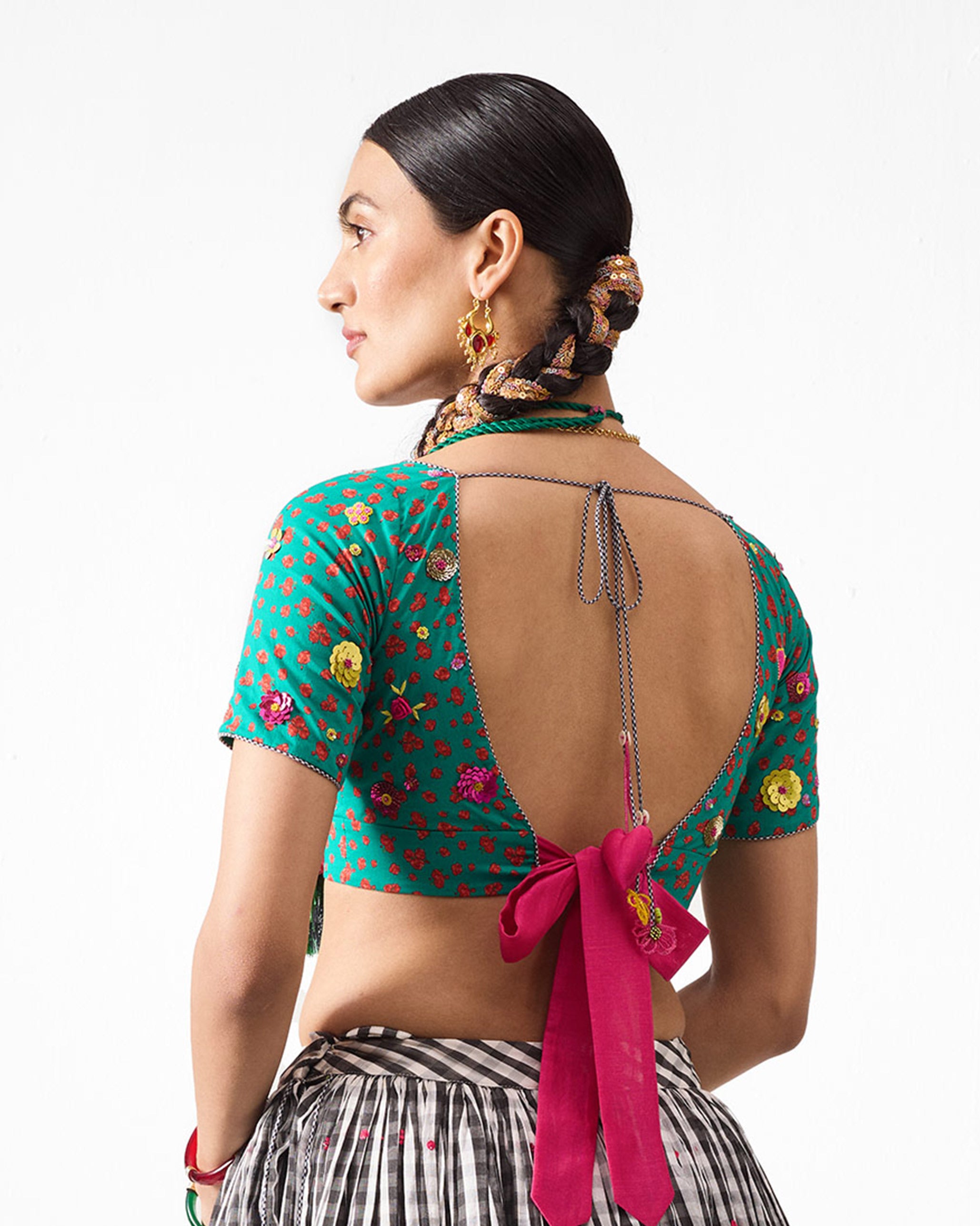 Saanjh Blouse - Red & Green Embroidered