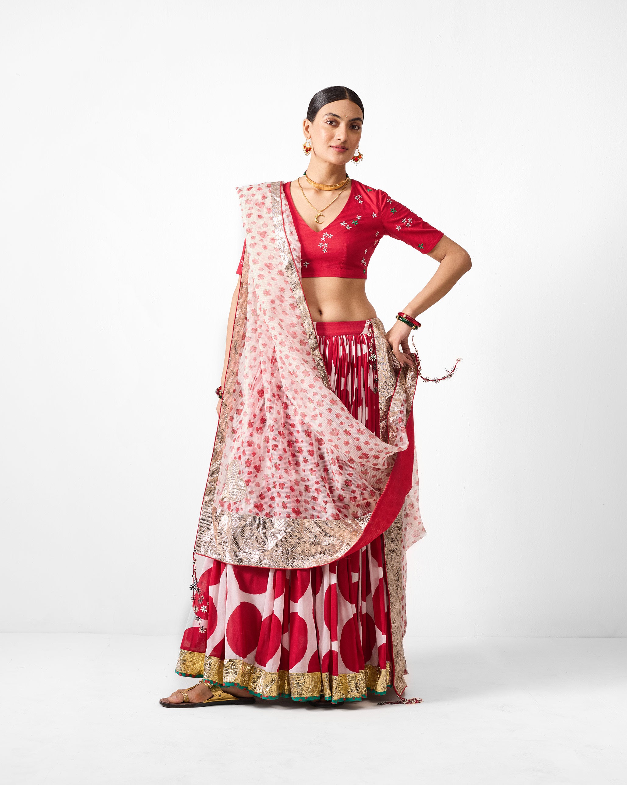 Lehar Dupatta - Red & Ivory Printed