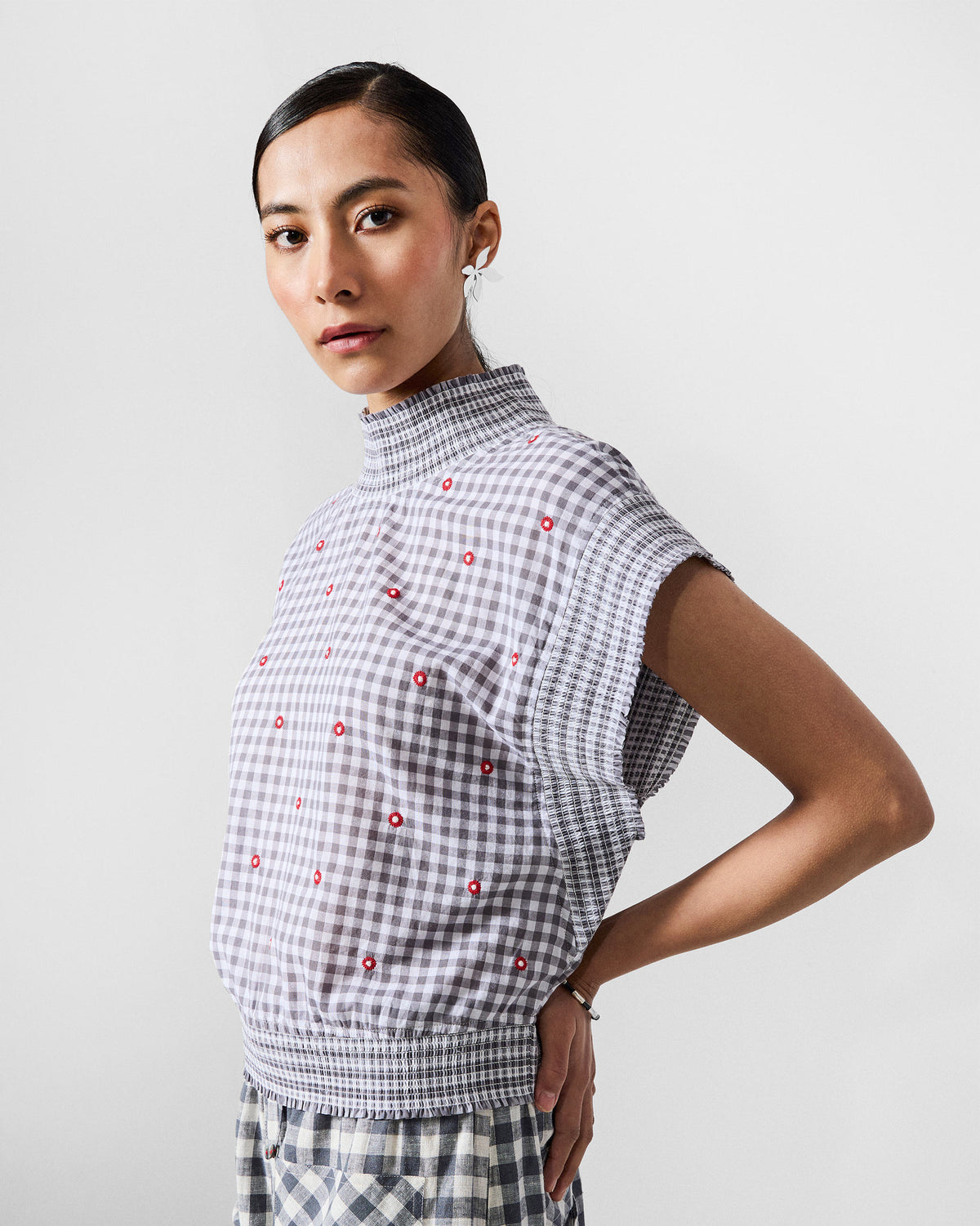 Lehar Top - Grey & White Embroidered