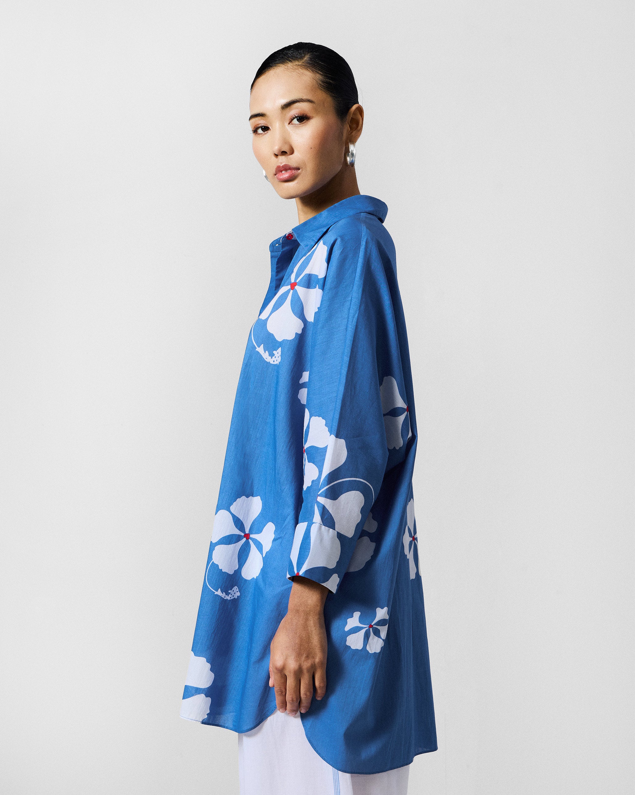 River Boxy Shirt - Blue & White Printed