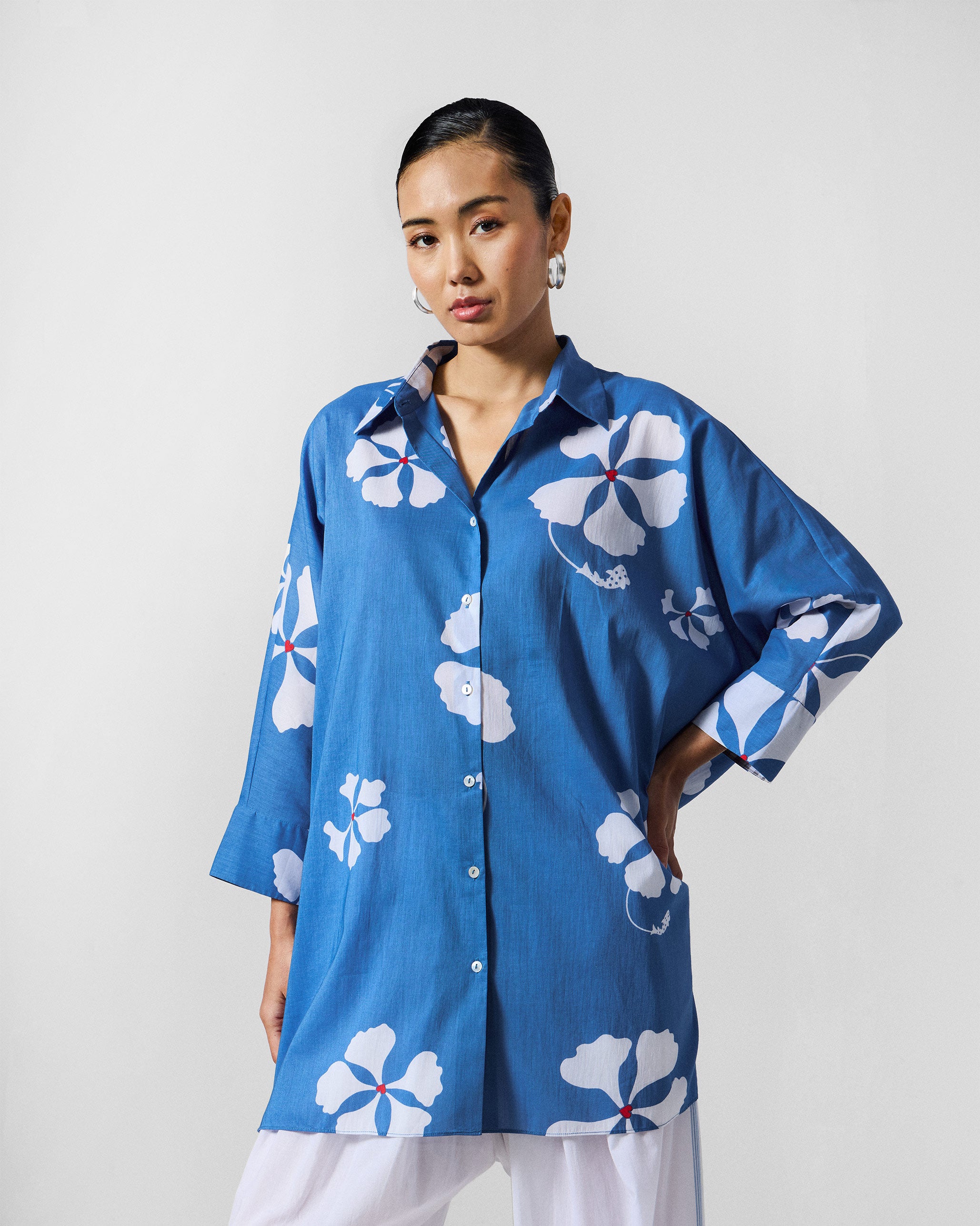 River Boxy Shirt - Blue & White Printed