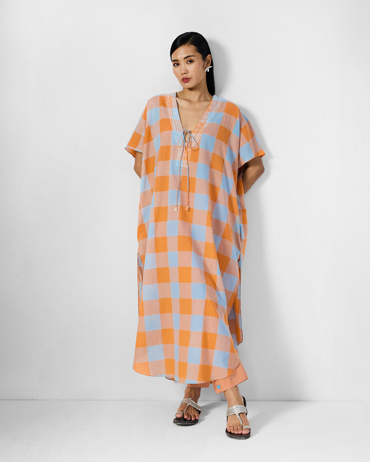 Vaya Kaftan - Orange & Ice Blue Checks