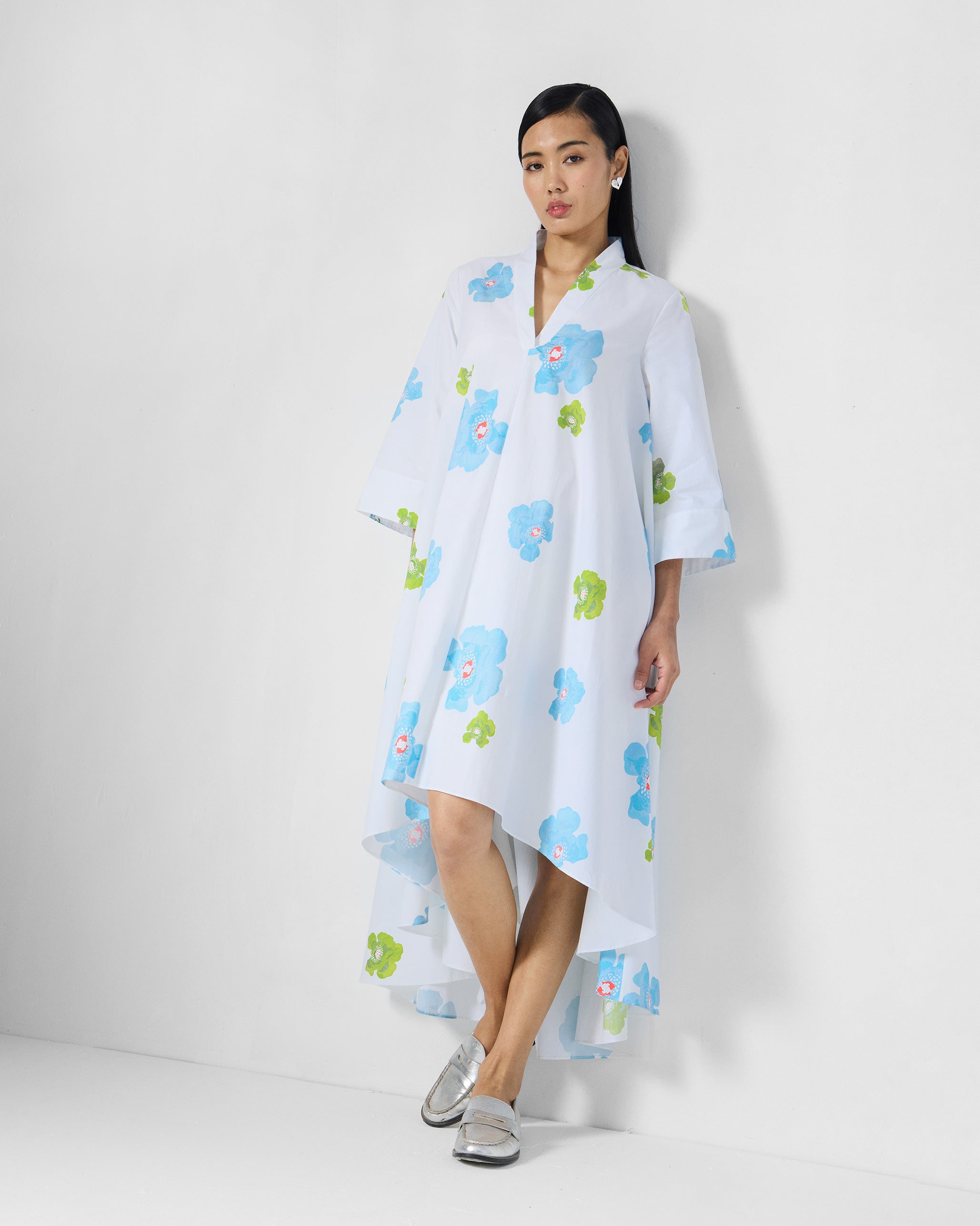 Nava Dress - White & Blue Printed
