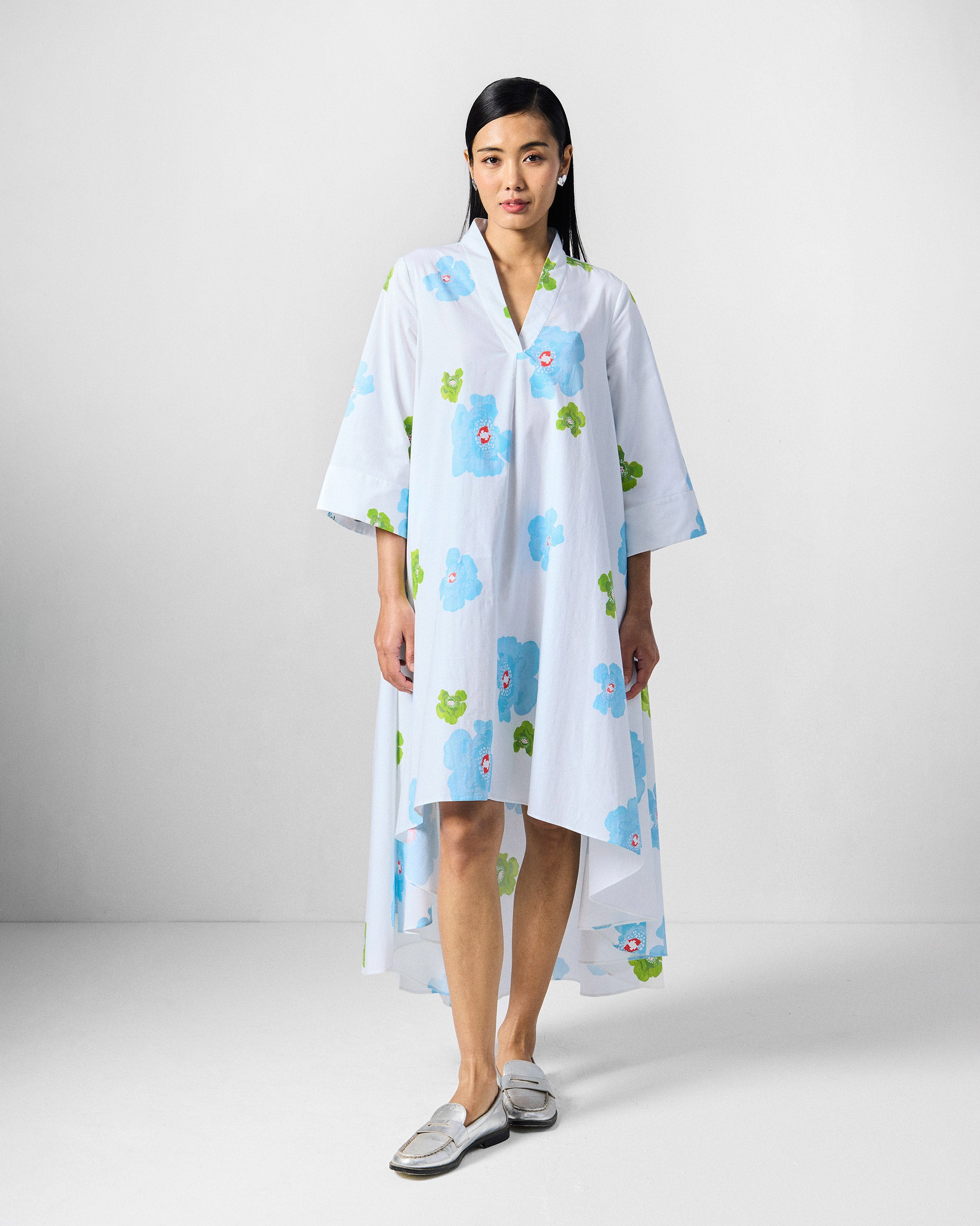 Nava Dress - White & Blue Printed