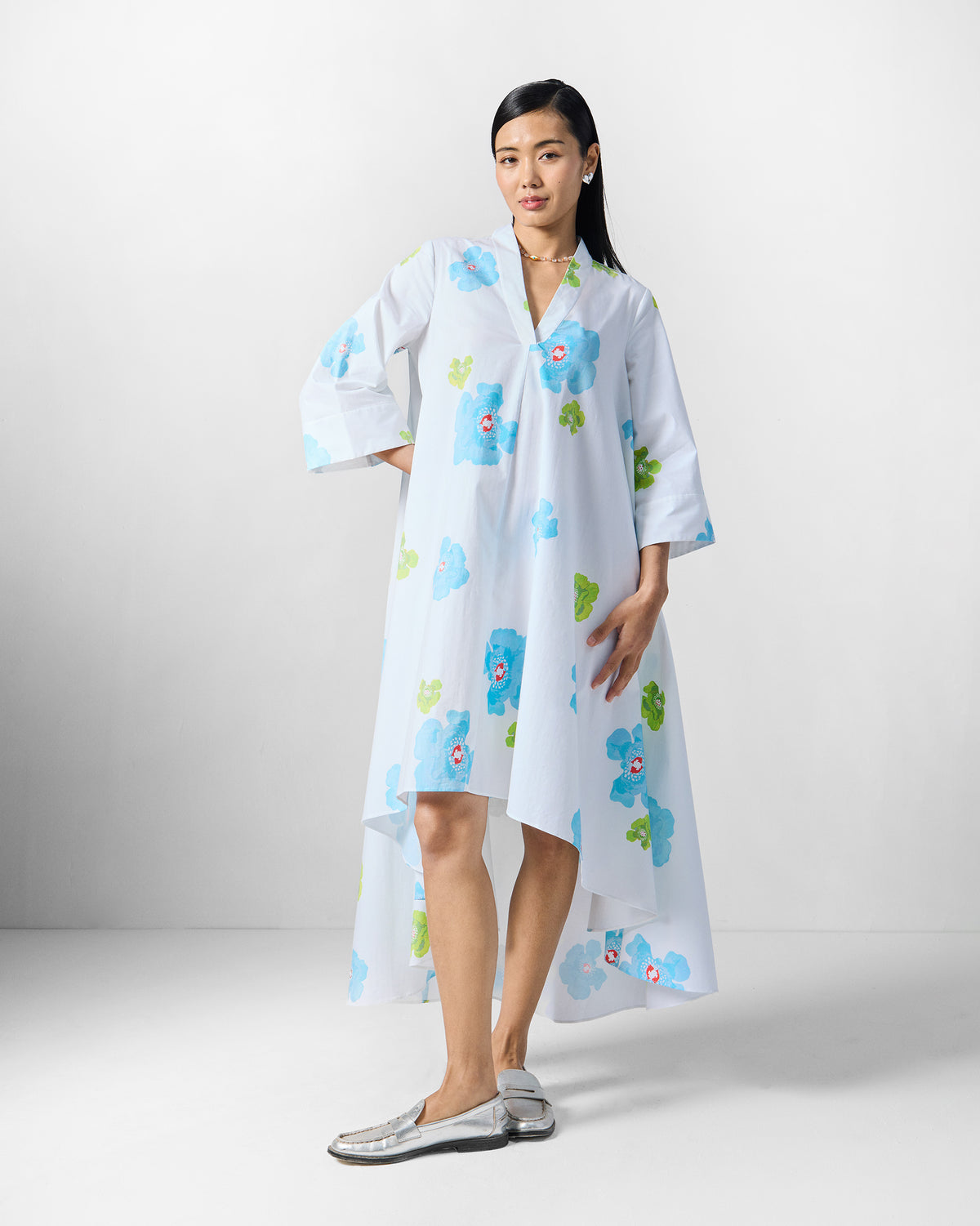 Nava Dress - White & Blue Printed