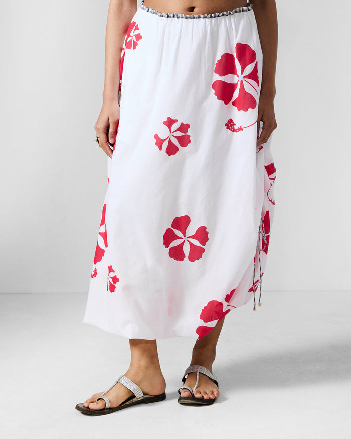 Billow Skirt - White & Red Printed