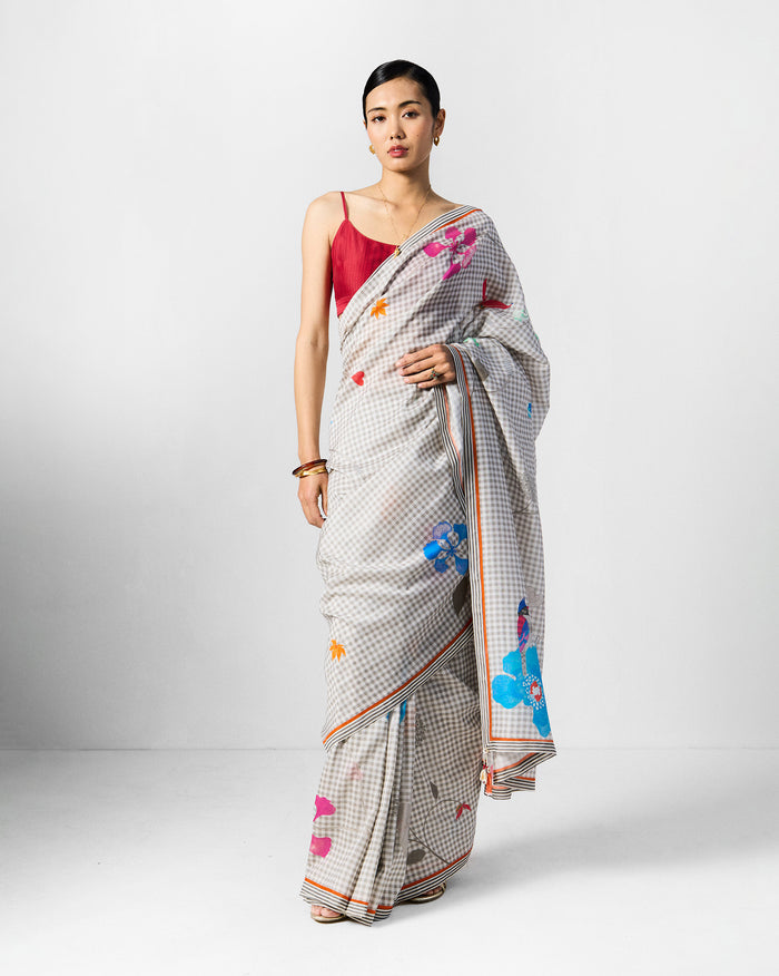 Lyla Sari & Blouse - Grey & White Printed