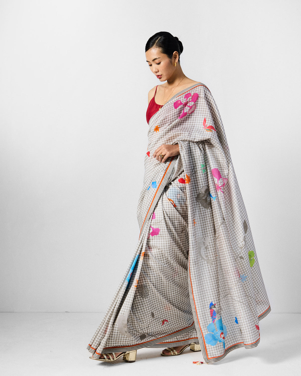 Lyla Sari & Blouse - Grey & White Printed