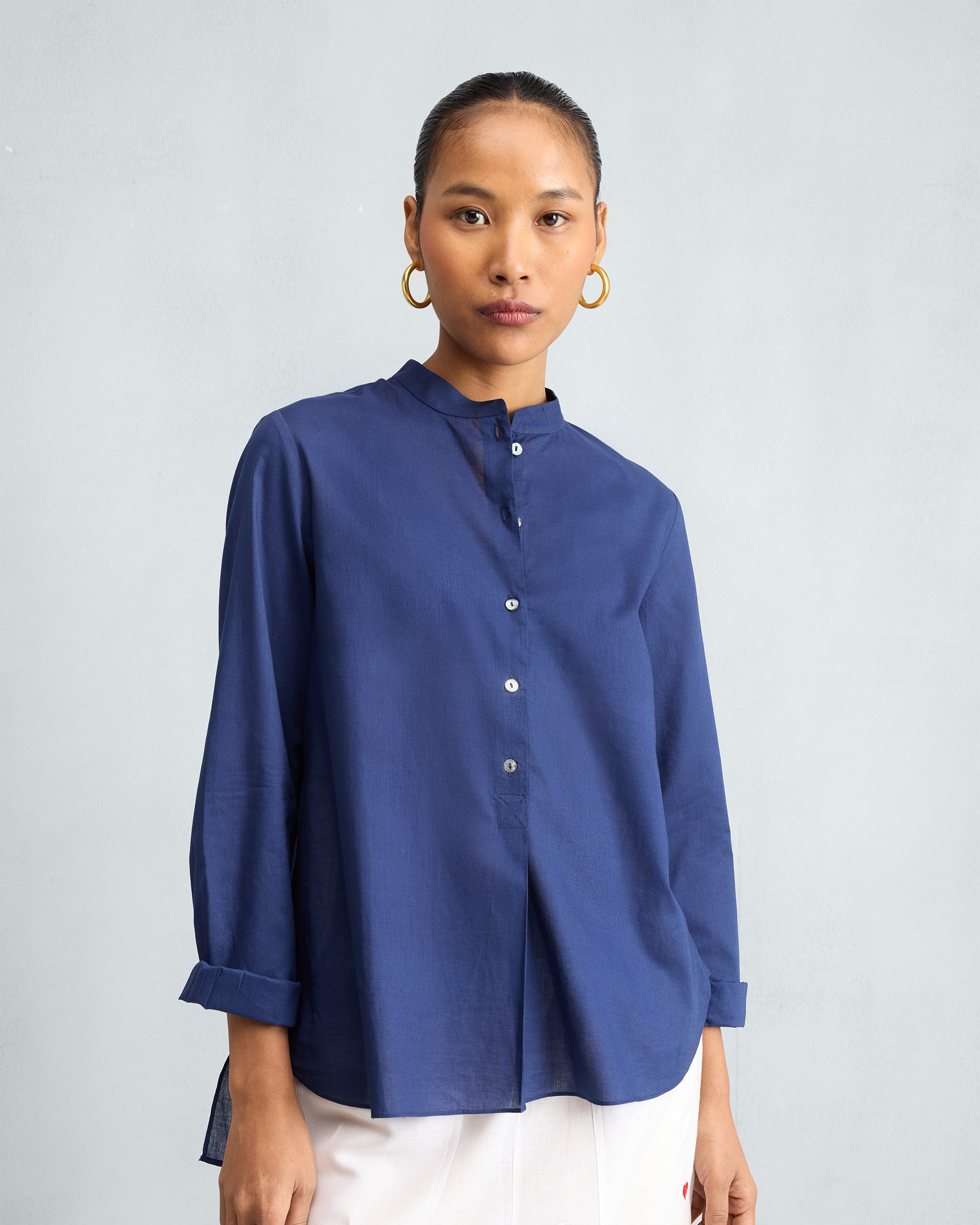 Mandarin Collar Top - Ink Blue