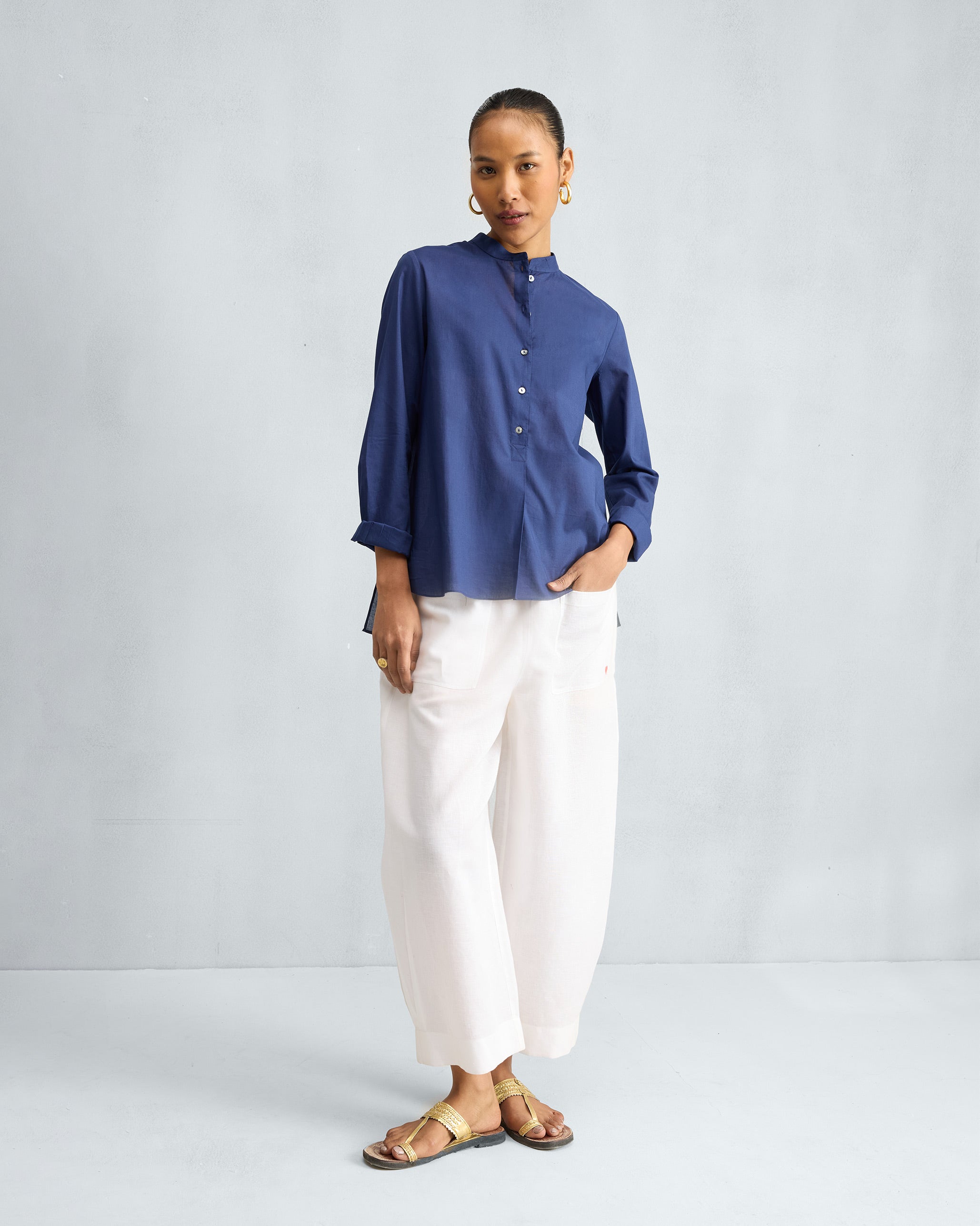 Mandarin Collar Top - Ink Blue