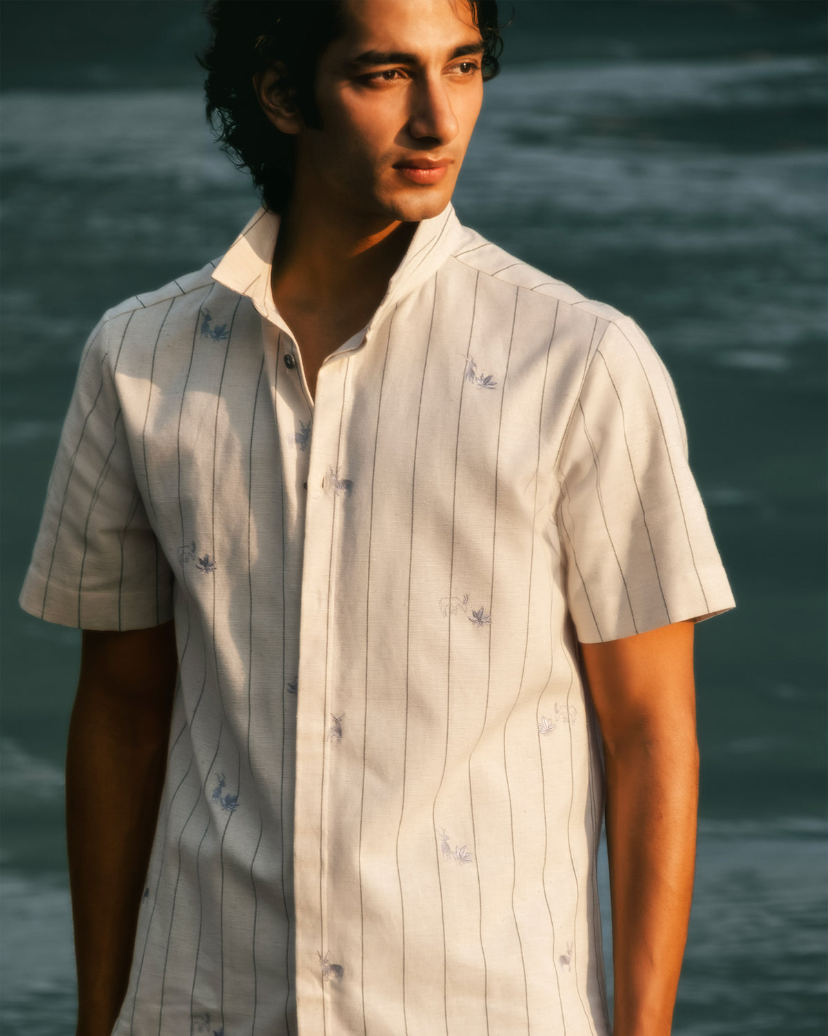 Riverine Shirt - Ivory & Charcoal Embroidered