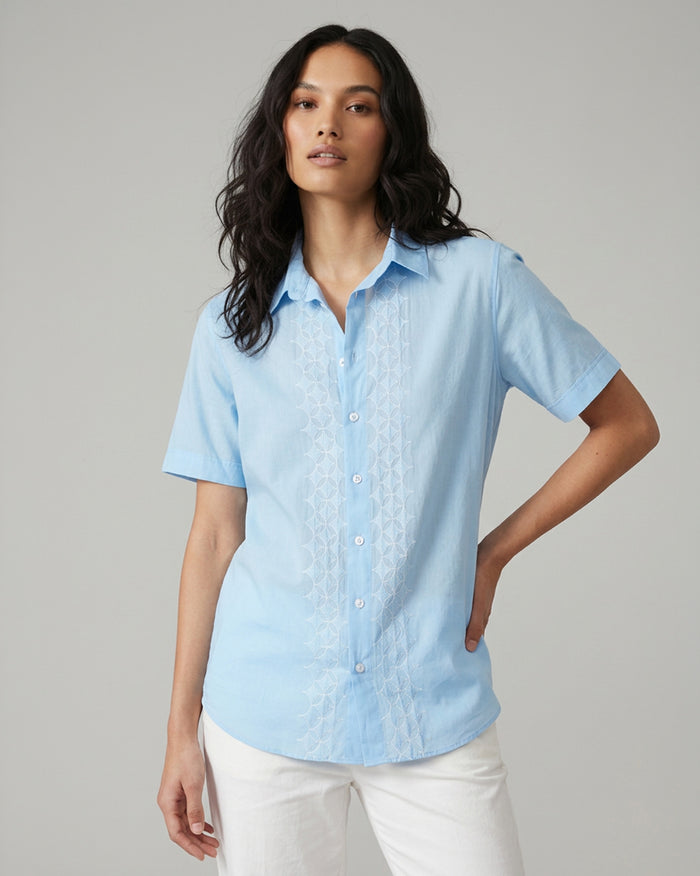 Half Sleeve Shirt - Light Blue Embroidered