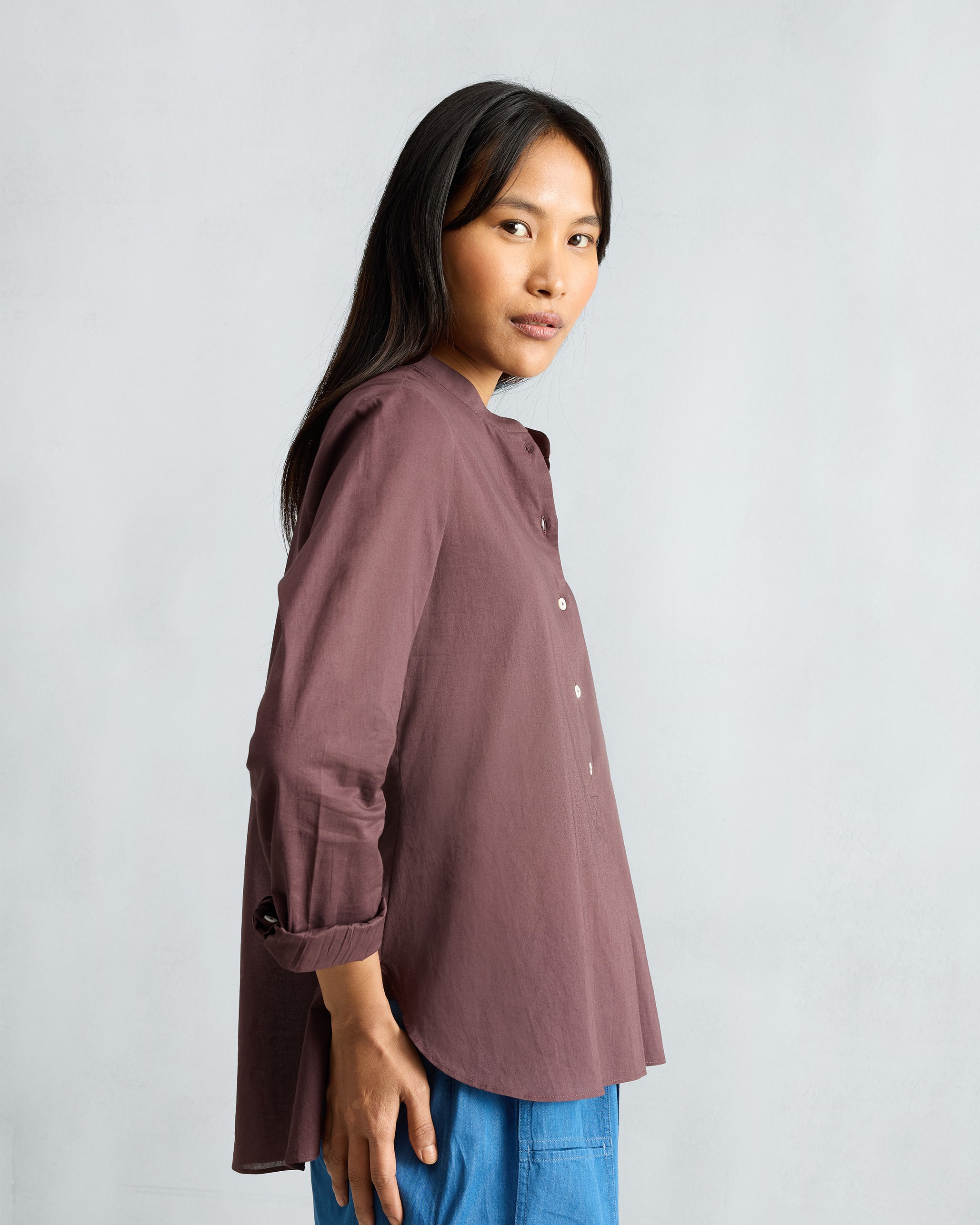 Mandarin Collar Top - Chocolate Plum