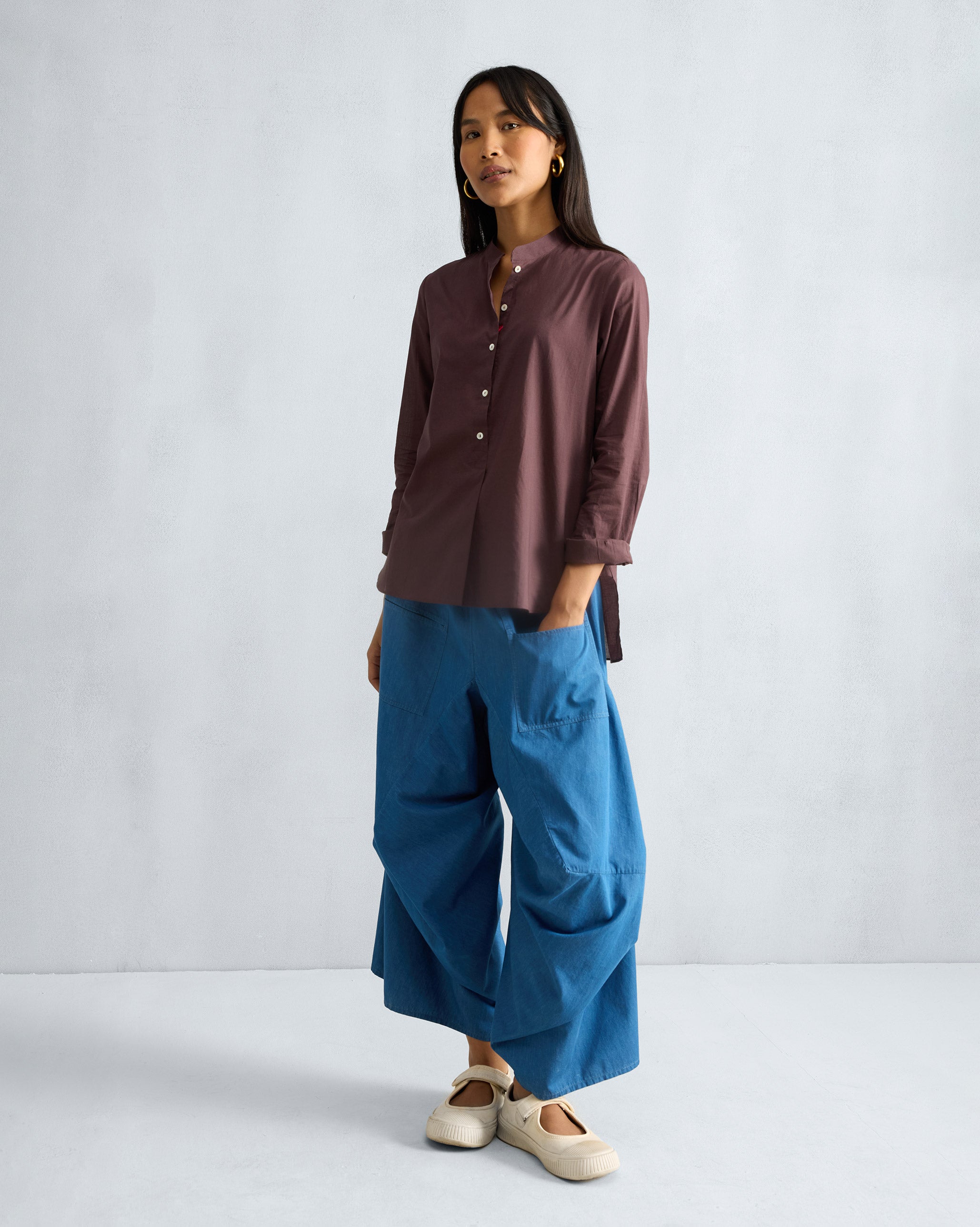 Mandarin Collar Top - Chocolate Plum