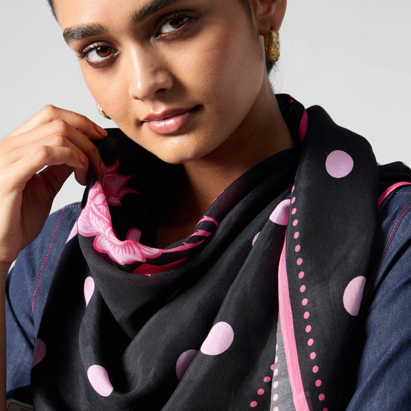 Polka Stamp Scarf - Charcoal & Pink – Nicobar