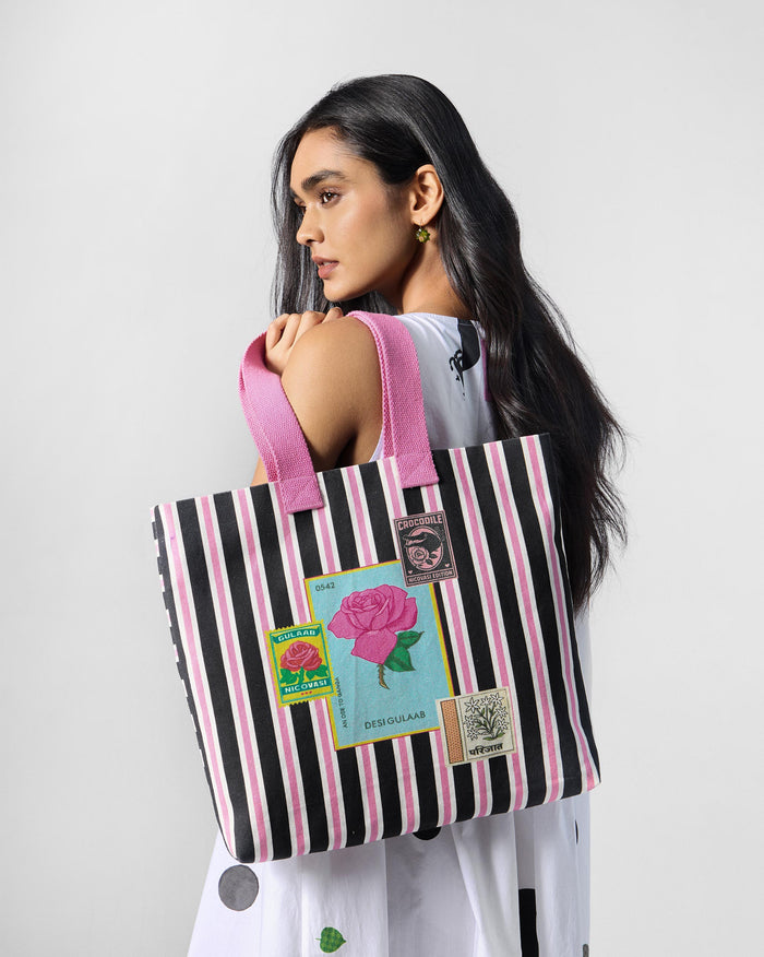 Bagan Stripes Tote - Charcoal & Pink