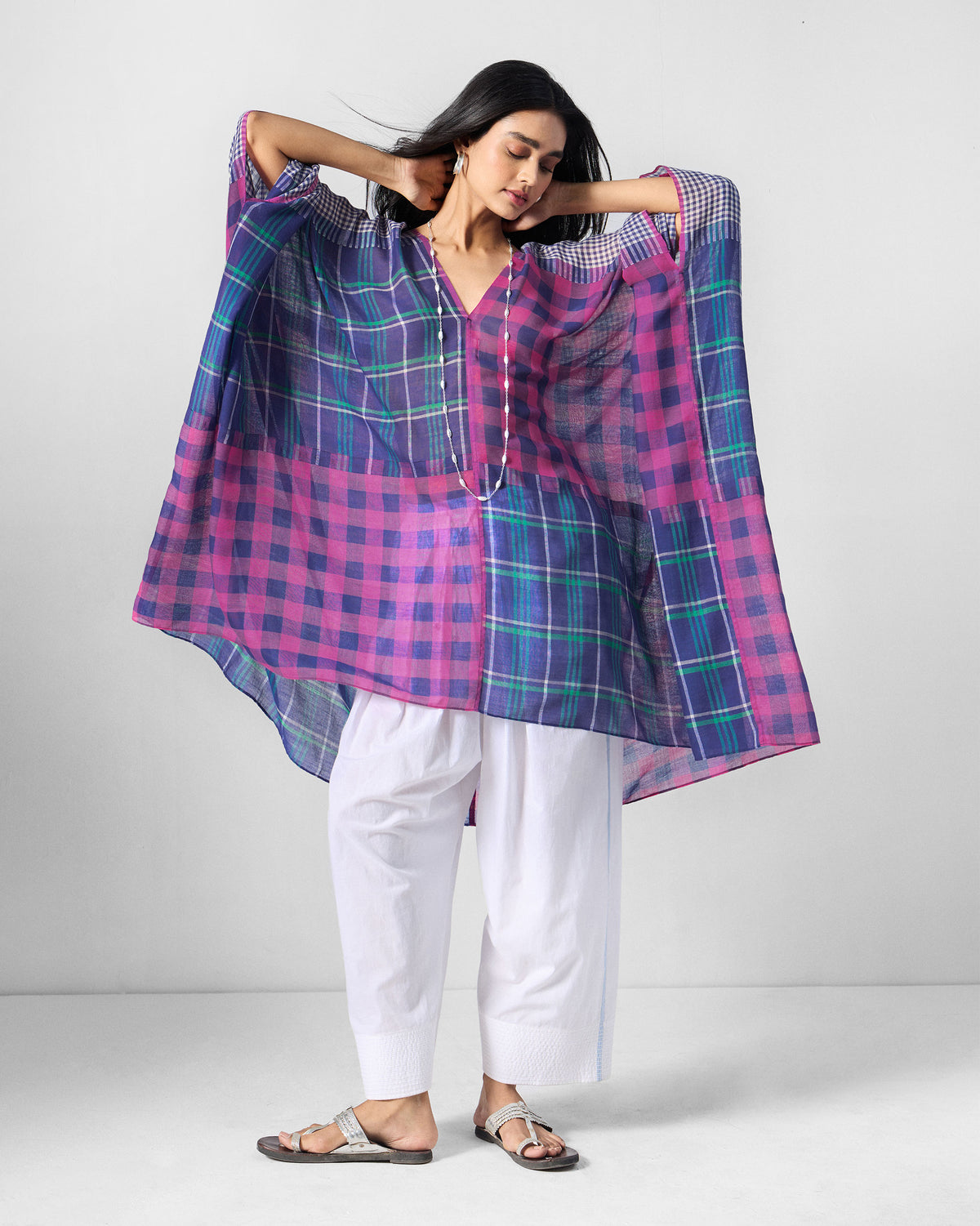 Draped Kaftan - Checked Yarn-Dyed Cotton Relaxed Fit